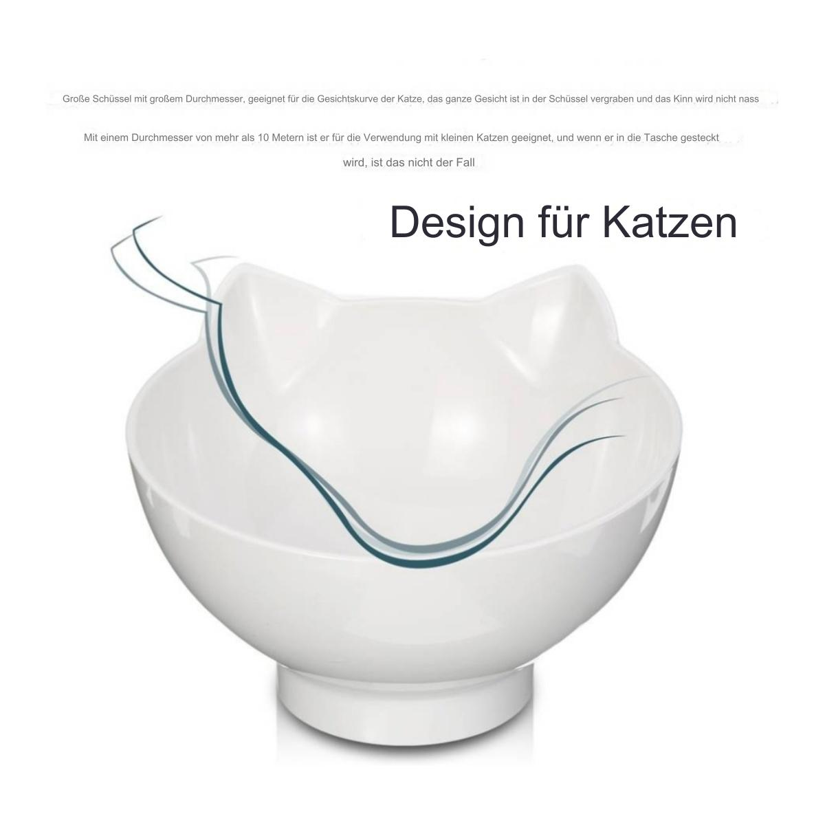 Weißer Katzennapf in Katzenform. Text: 'Design für Katzen'.