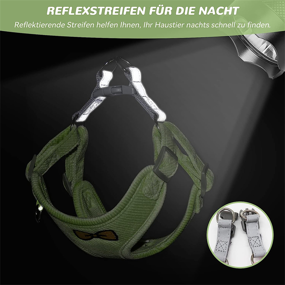 Grünes Hundegeschirr mit reflektierenden Streifen.
