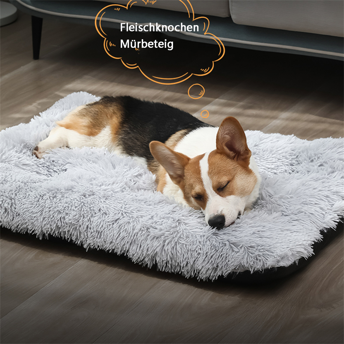 Ein schlafender Corgi auf einem flauschigen grauen Hundebett. Gedankenblase mit deutschen Worten.