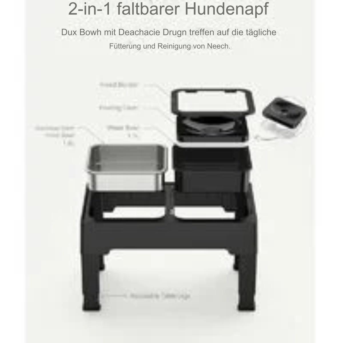 Schwarzer Hundenapf mit Ständer. Hat zwei Schüsseln und ein Staufach. Zerlegte Teile werden ebenfalls gezeigt.
