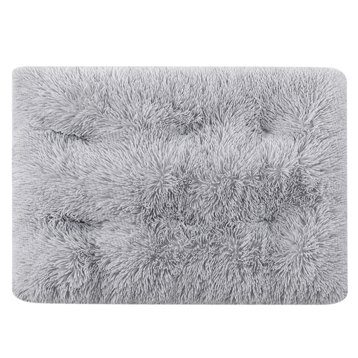 Ein flauschiges, rechteckiges, graues Haustierbett mit einer weichen, strukturierten Oberfläche.
