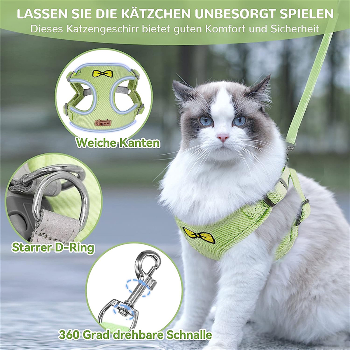 Eine Katze trägt ein grünes Geschirr mit Leine, mit deutschem Text um das Bild herum.