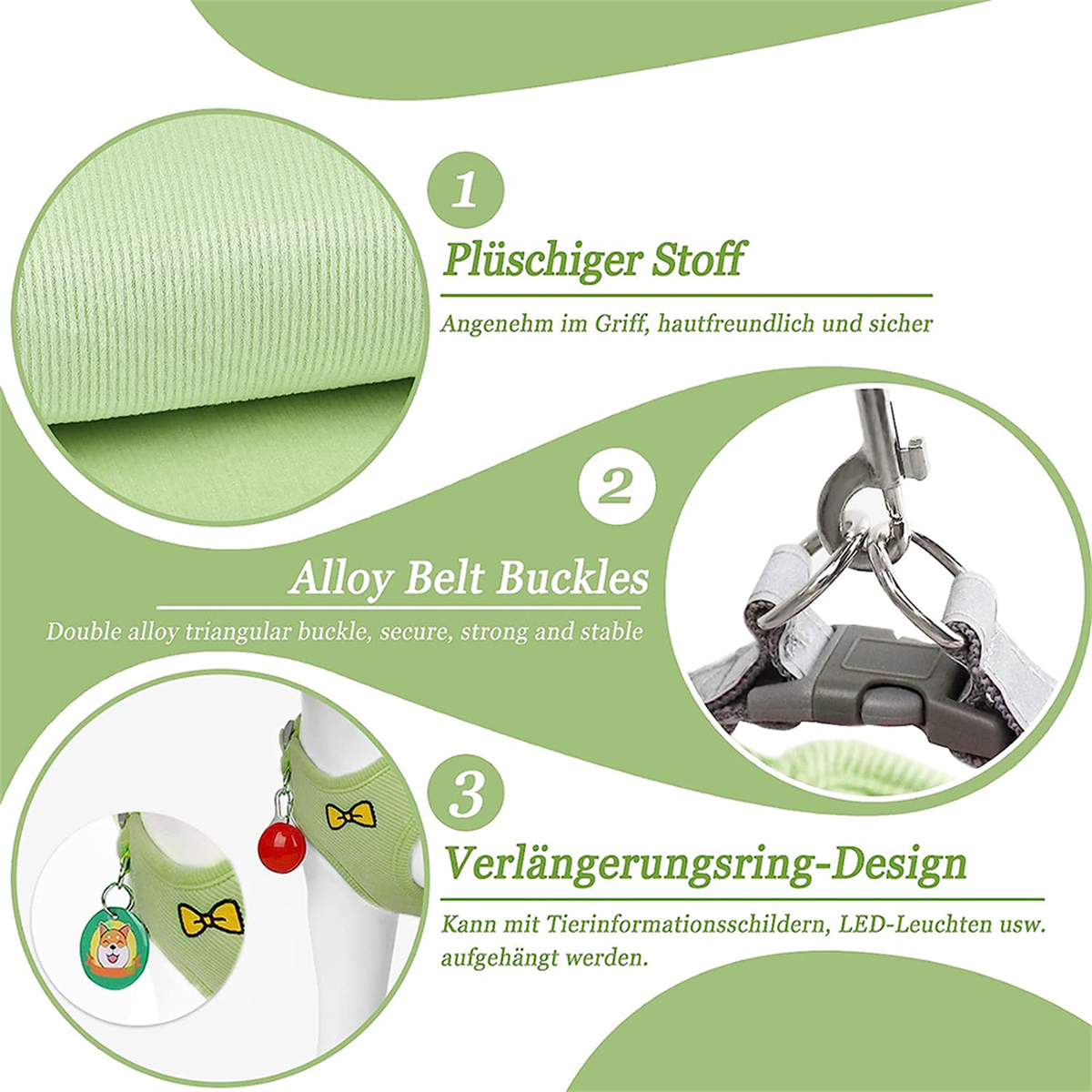 Diagramm eines Hunde-Geschirrs mit weichem Stoff, Schnallen und einem Verlängerungsring für Zubehör.