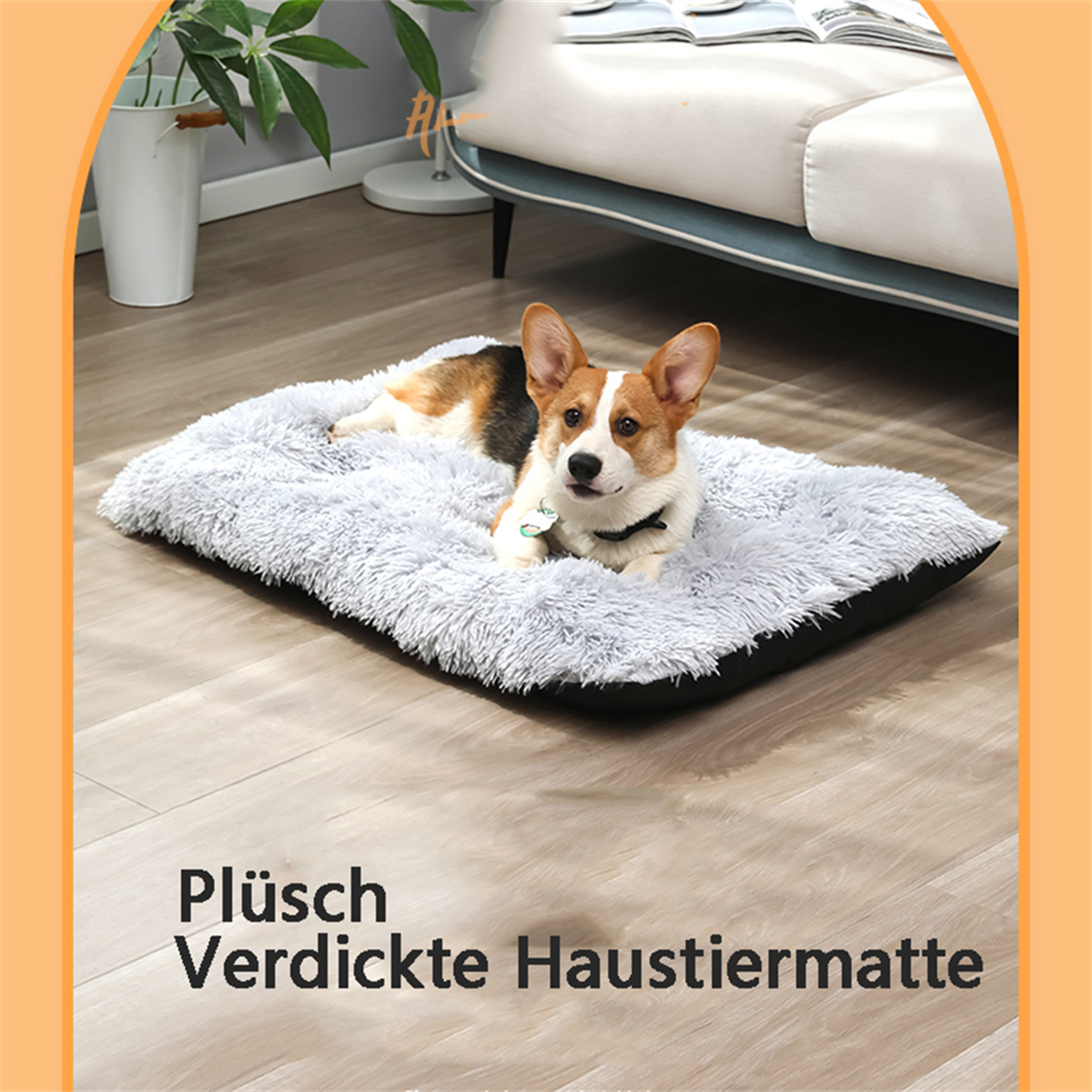 Ein Corgi-Hund auf einer Plüsch-Haustiermatte mit dem deutschen Text 'Plüsch Verdickte Haustiermatte'.