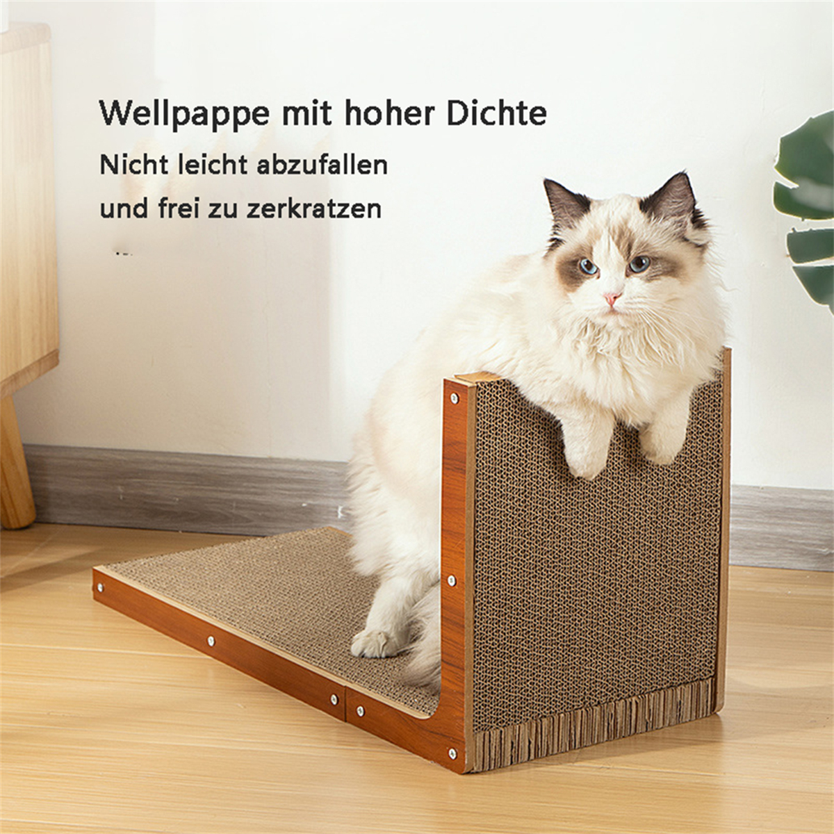 Eine Katze sitzt auf einem Kratzbrett aus Pappe. Das Brett ist braun mit Holzrahmen.