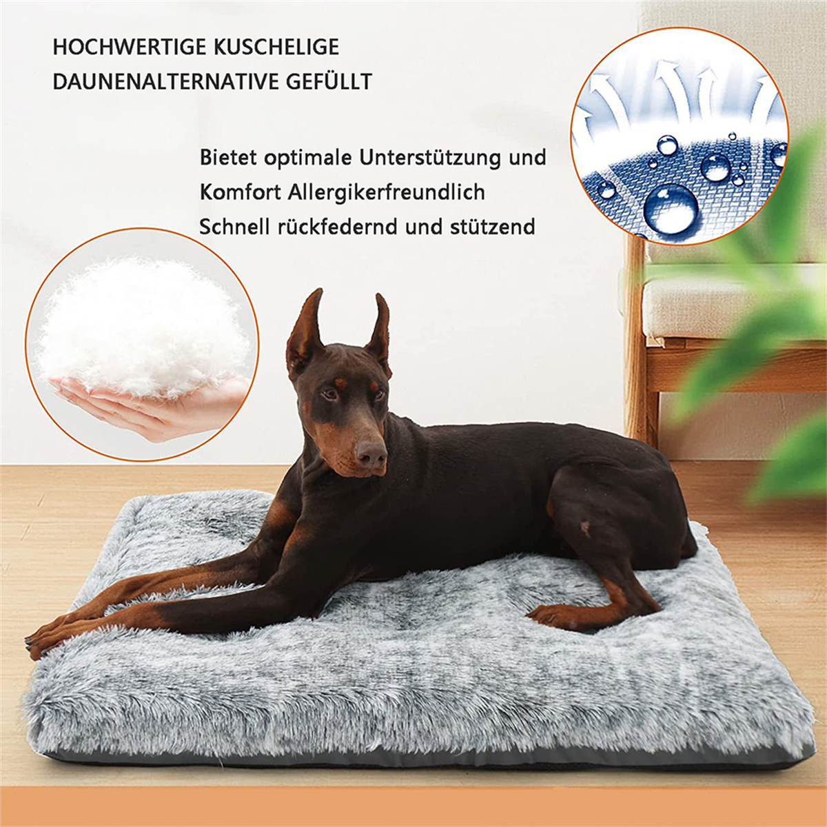 Hundebett mit einem braunen Hund darauf. Das Bett ist grau und flauschig mit einem Bild von flauschigem Füllmaterial.