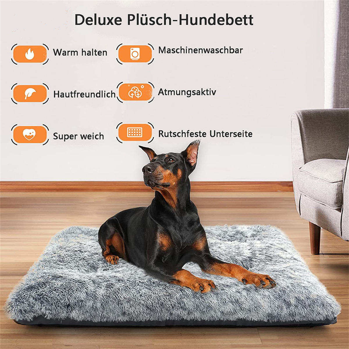 Ein Hund liegt auf einem grauen, flauschigen Hundebett. Text oben beschreibt das Bett als 'Deluxe Plush-Hundebett'.