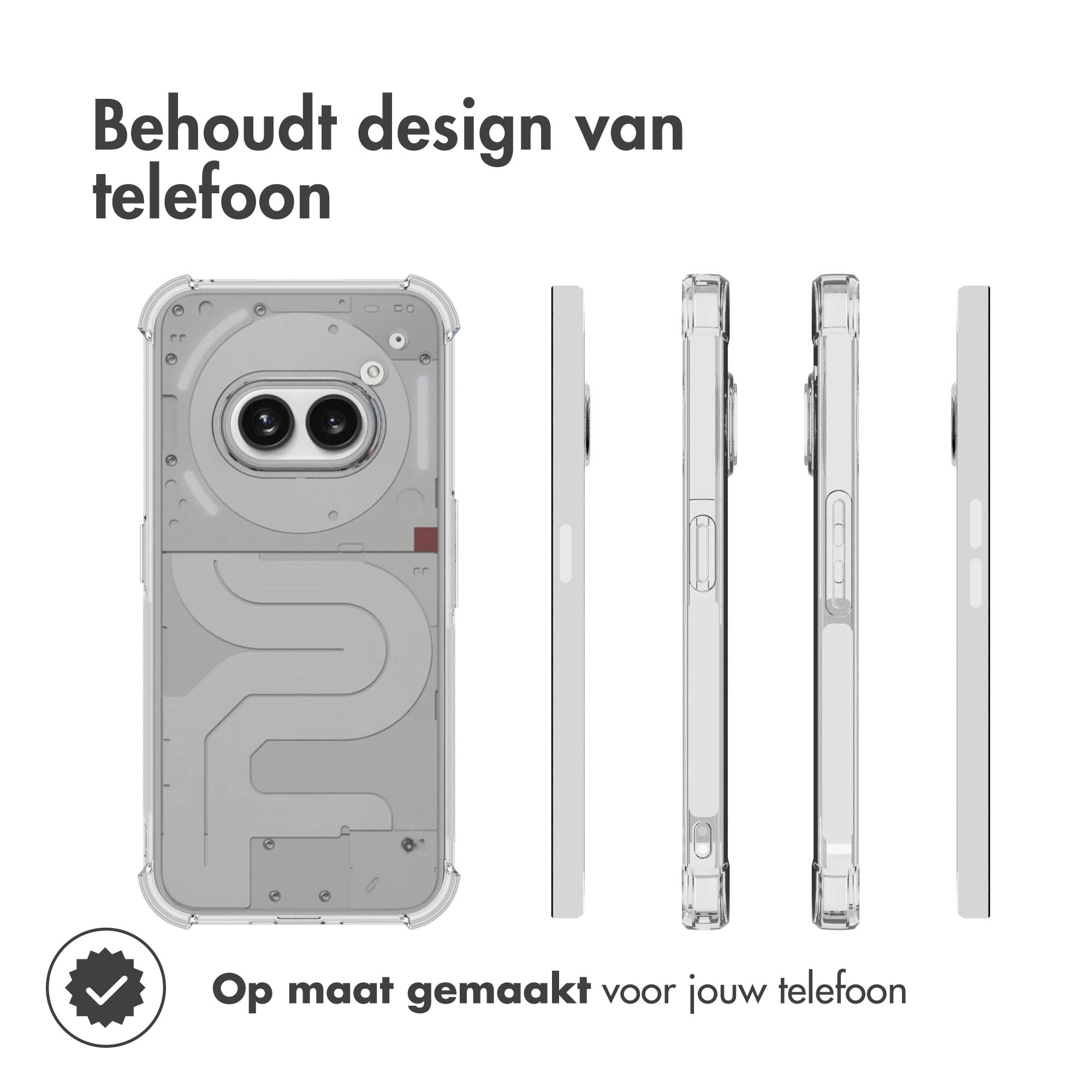 Custodia del telefono che mostra un telefono. Diverse viste della custodia. Testo: Preserva il design del telefono. Realizzato su misura per il tuo telefono.