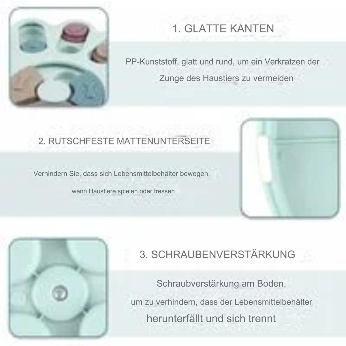Diagramm, das einen Futterspender für Haustiere zeigt, mit Hervorhebung von Merkmalen wie glatten Kanten und rutschfestem Boden.
