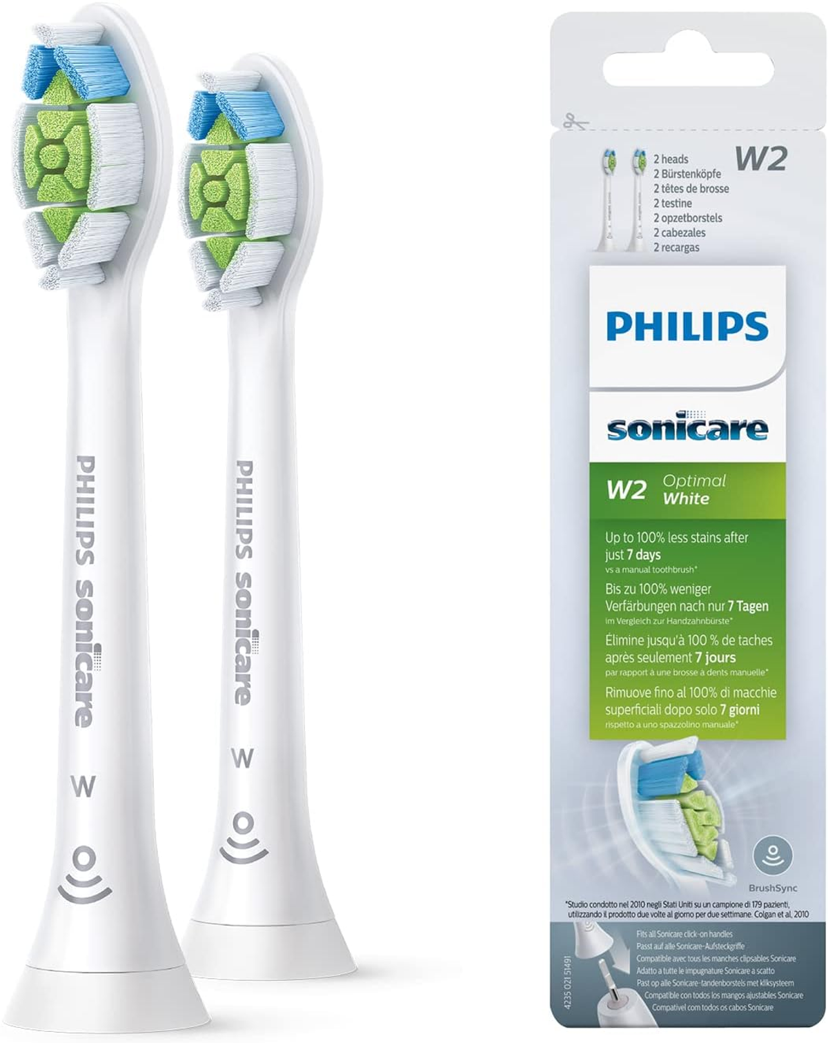 Dwie głowice szczoteczki Philips Sonicare i opakowanie z tekstem.