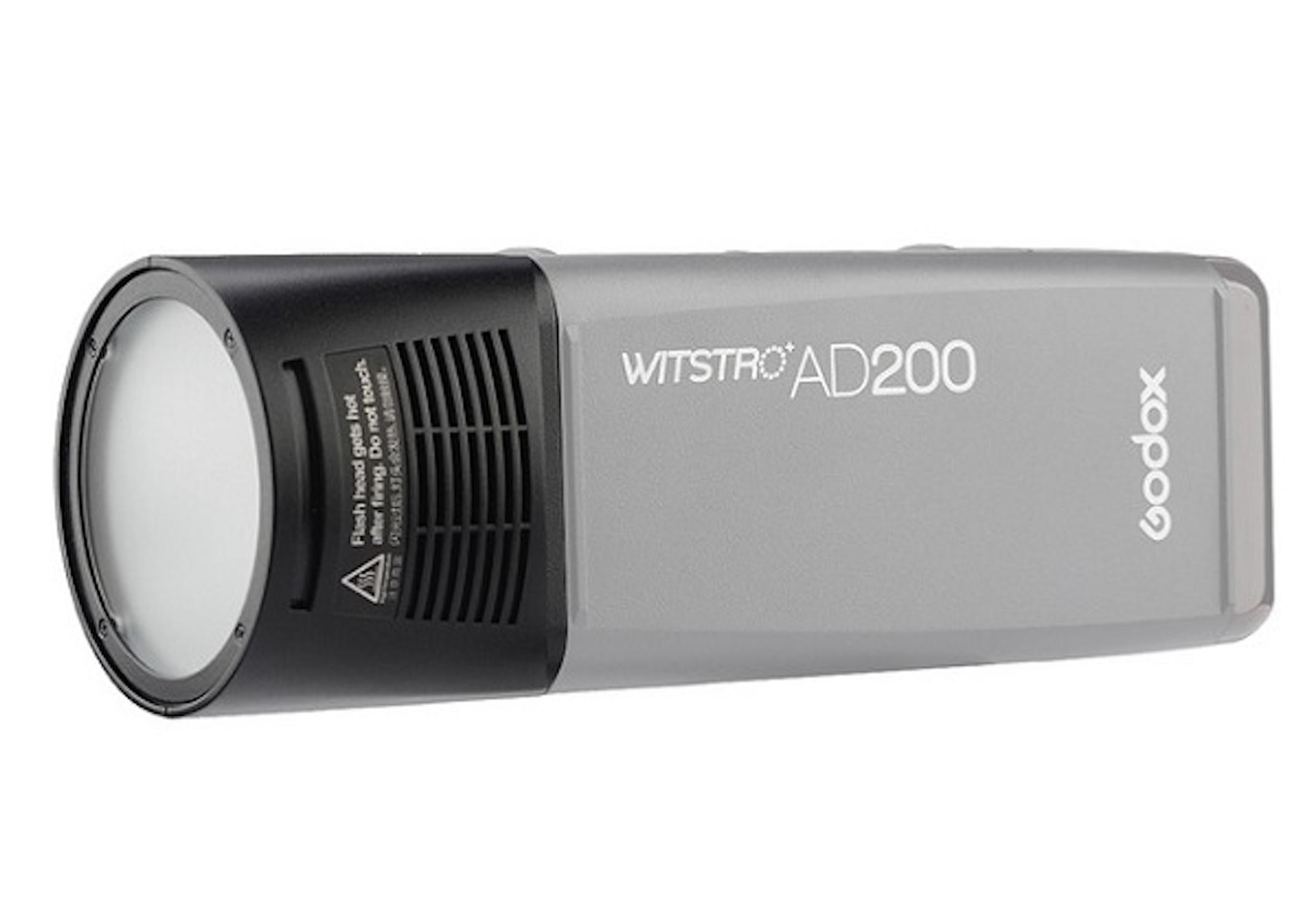 Ein Godox Wistro AD200 Blitz, grau und schwarz, mit dem Blitzkopf links.