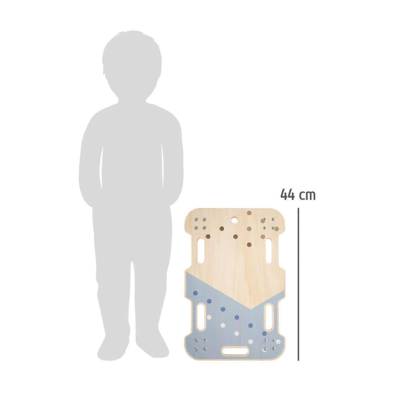 Ein hölzernes Balance Board mit einer Kindsilhouette, das die Abmessungen des Boards zeigt.