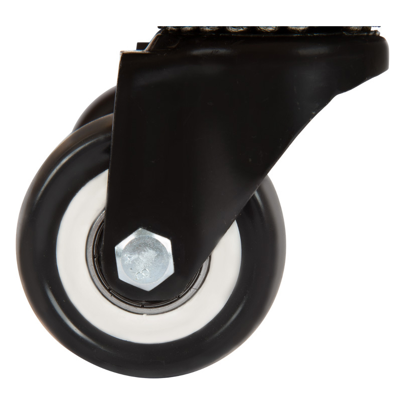 Schwarze Lenkrolle mit weißem Ring und Sechskantschraube.