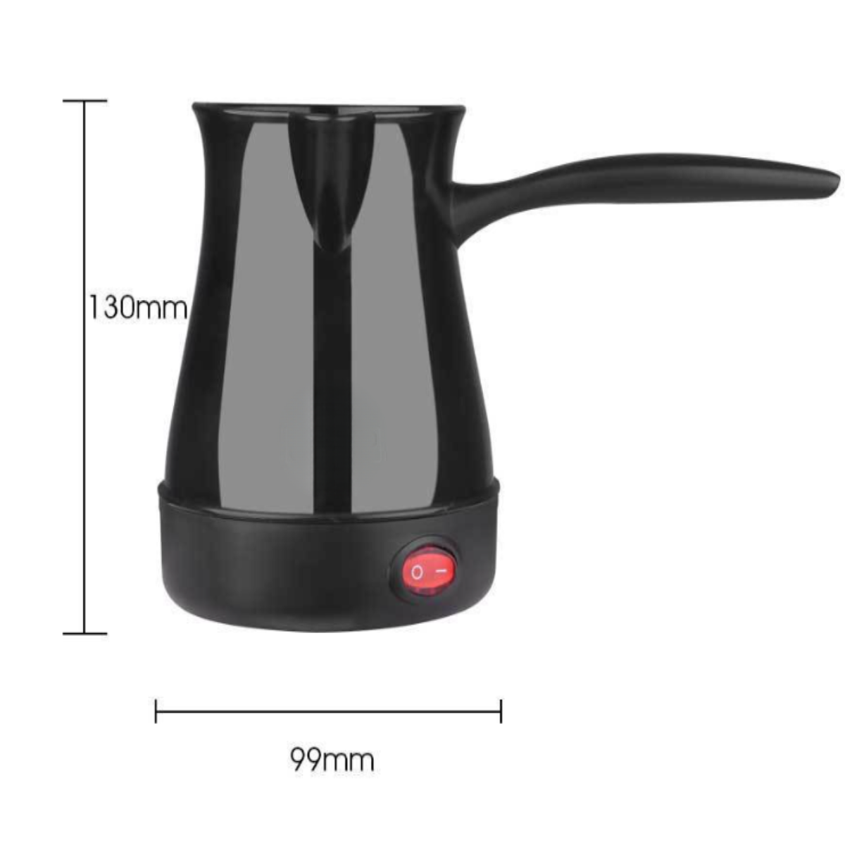 Schwarze elektrische Kaffeemaschine mit Maßen. Roter Ein-Aus-Schalter und Griff.