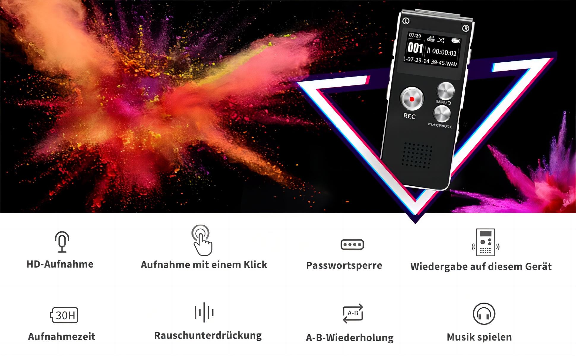 Schwarzes digitales Diktiergerät mit farbenfrohem Explosionshintergrund. Funktionen und Symbole gezeigt.