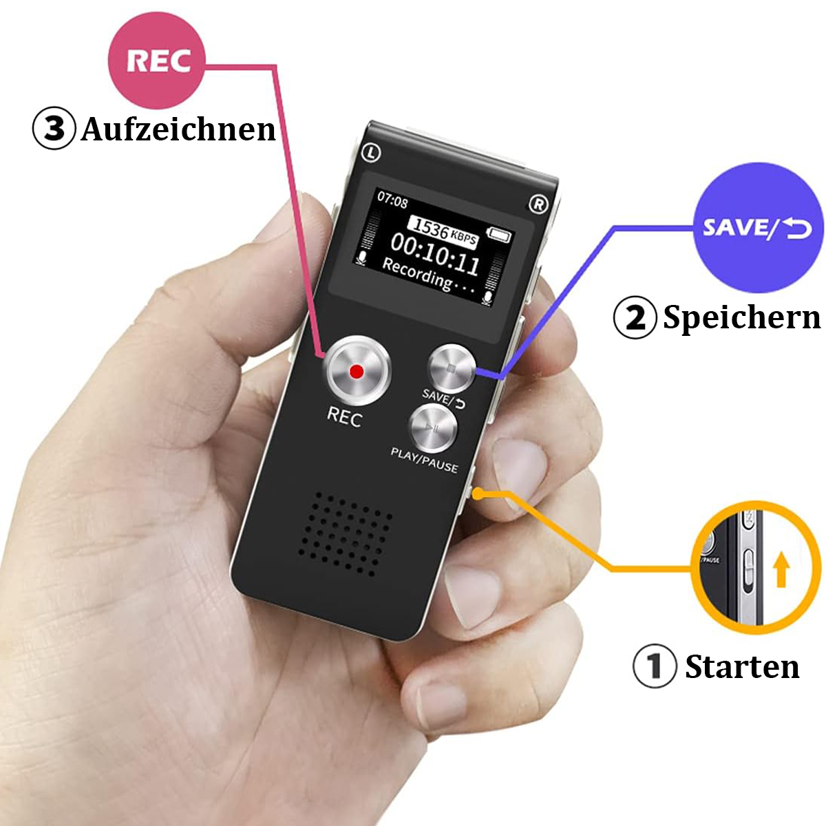 Ein schwarzes Diktiergerät mit REC-Taste und hervorgehobener SAVE-Taste.