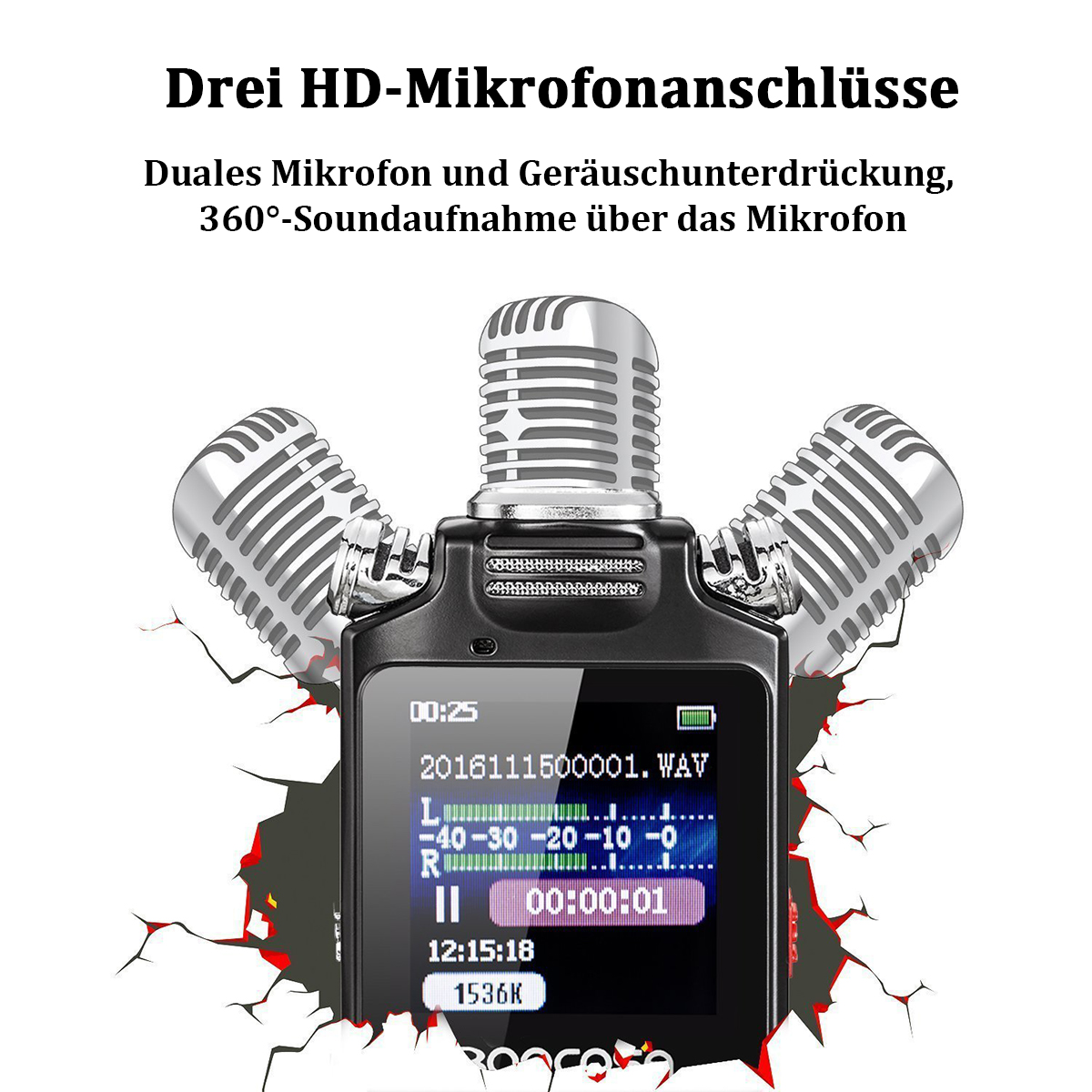 Schwarzer Audiorekorder mit Mikros, Bildschirm mit Daten, roter Rahmen.