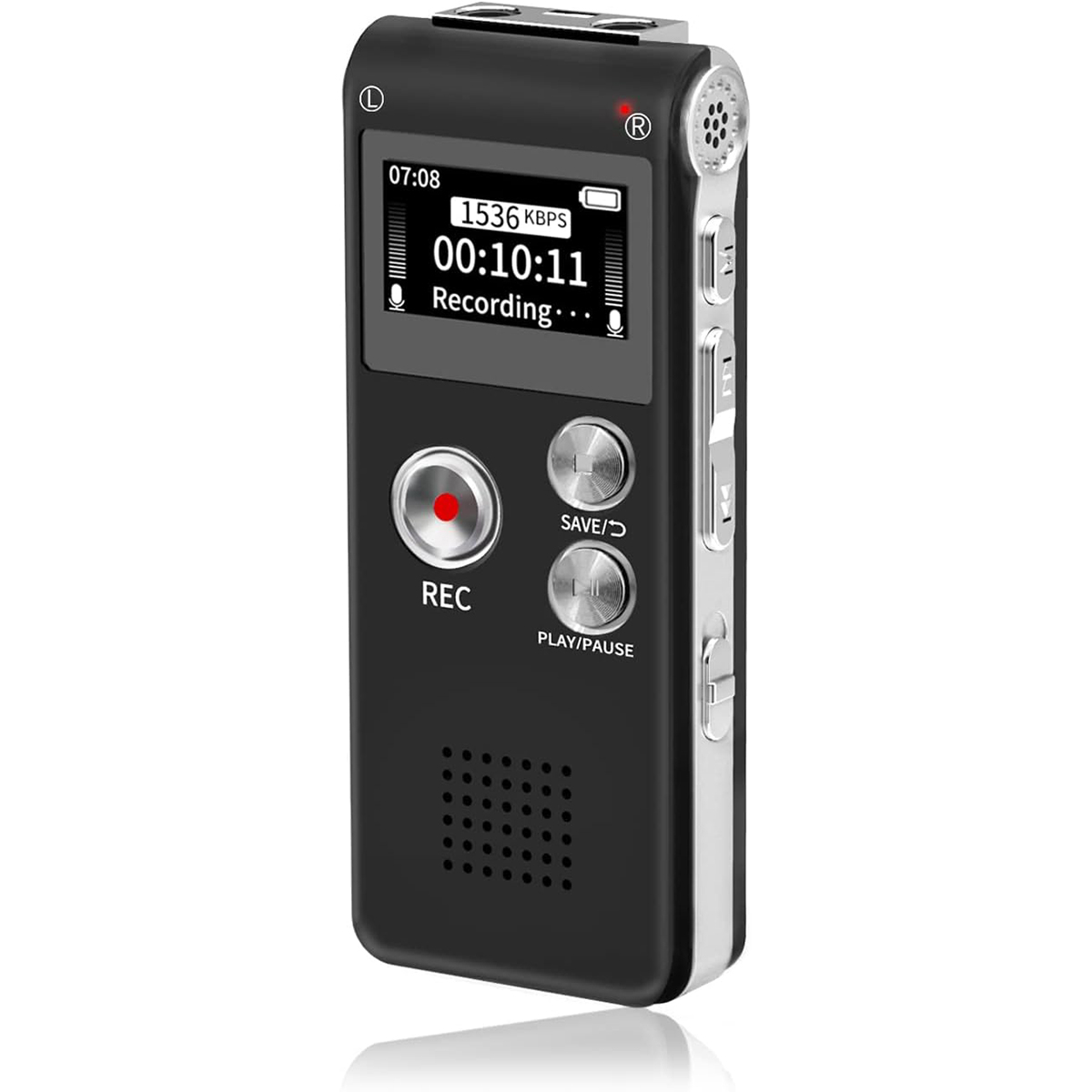 Schwarzer digitaler Sprachrekorder mit Bildschirm. REC, PLAY/PAUSE und SAVE-Tasten.