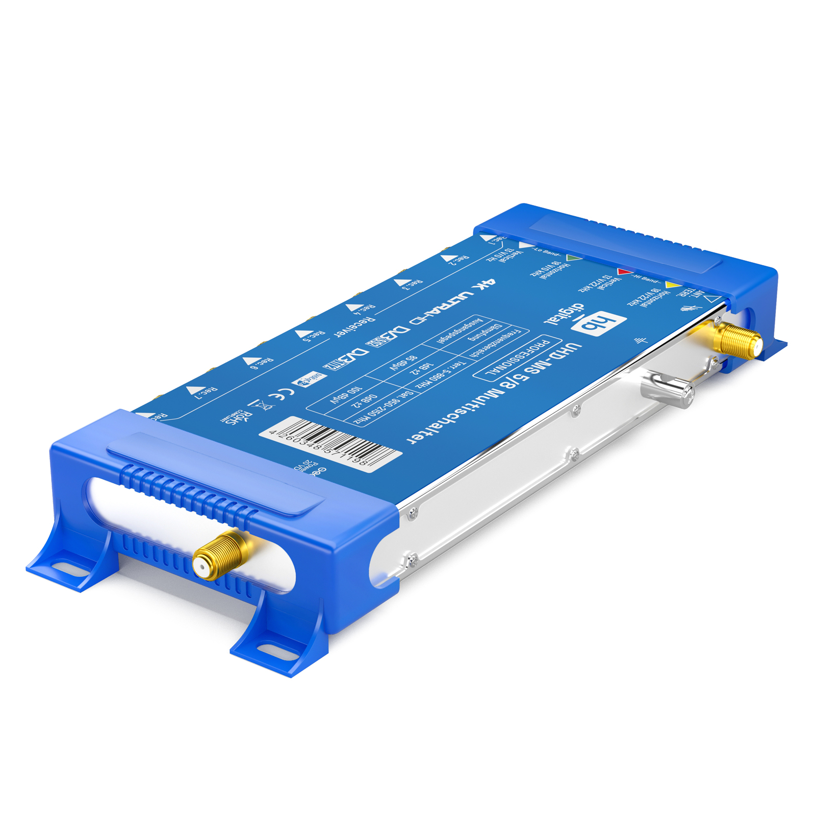 Blau-silbernes UHD 4K Ultra HD Multimeter. Es hat einen weißen Hintergrund.