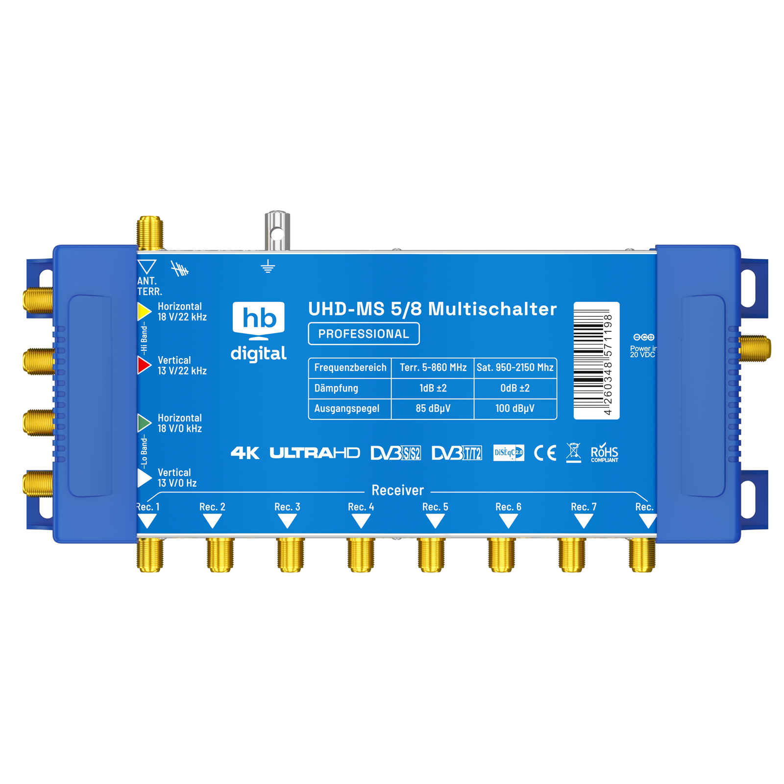 Blauer UHD-MS 5/8 Multiswitch. Es hat mehrere Anschlüsse und technische Spezifikationen aufgedruckt.