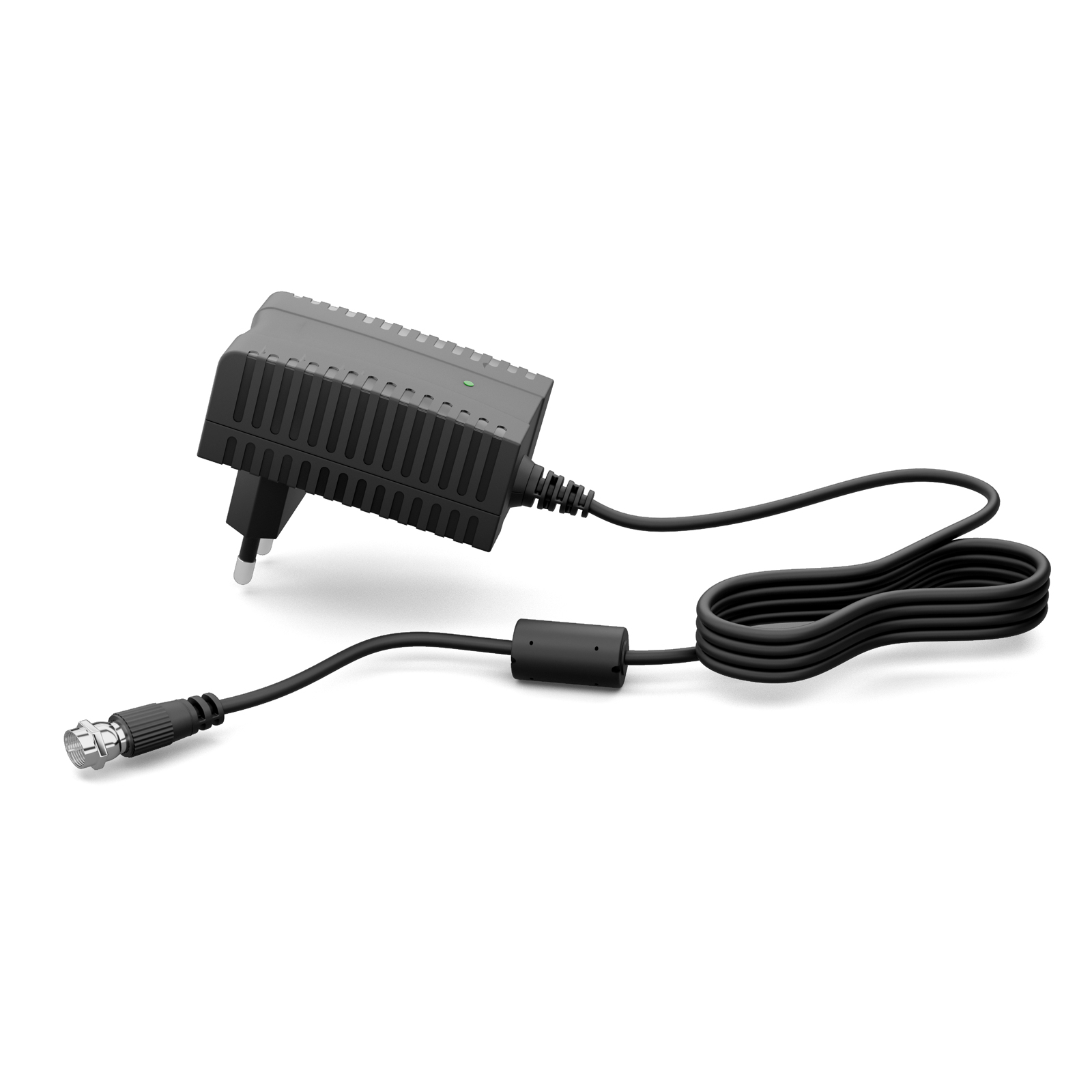 Schwarzes Netzteil mit Stecker, BNC-Anschluss und schwarzem Kabel. Weißer Hintergrund.