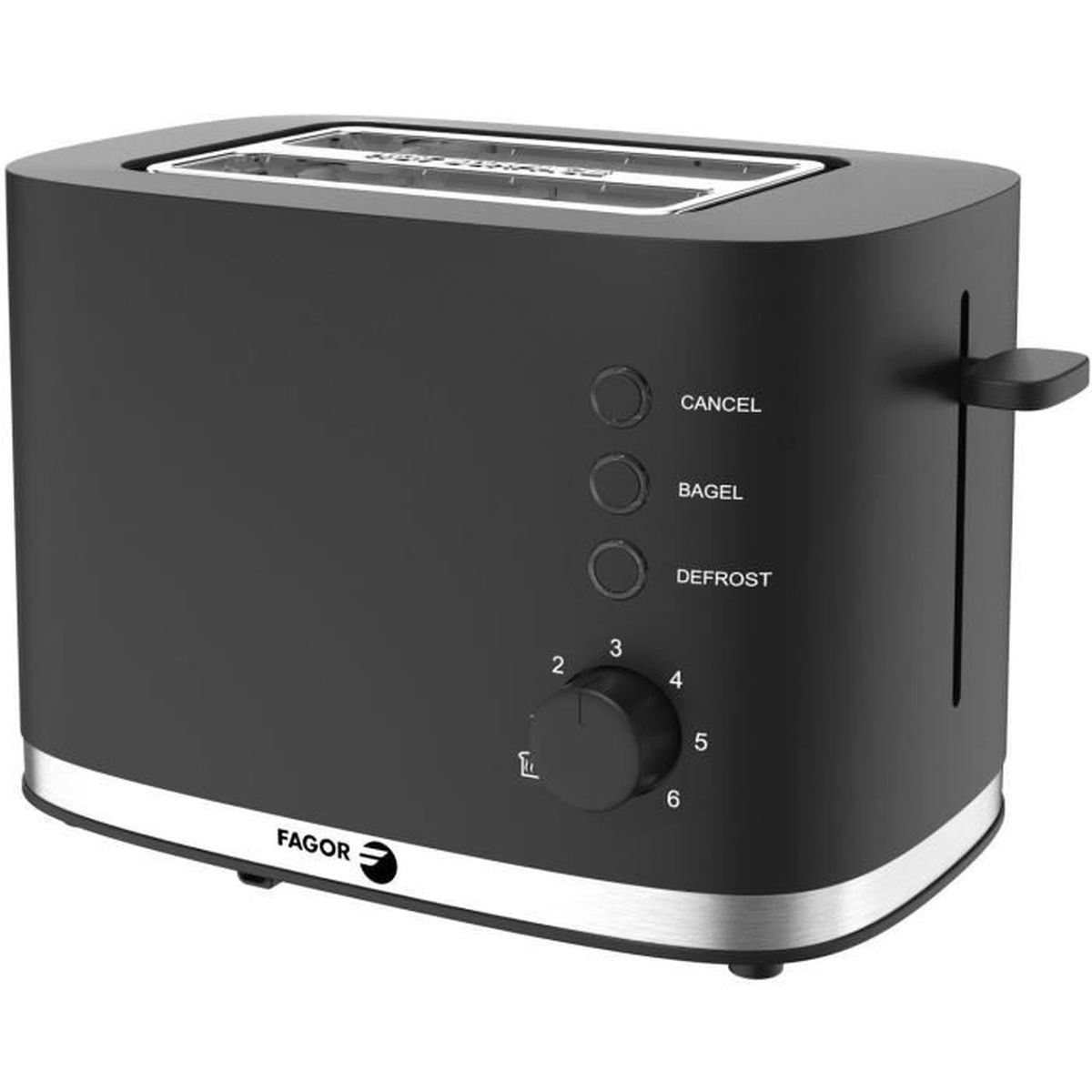 Schwarzer Toaster mit Knöpfen für Abbruch, Bagel und Auftauen. Weißer Hintergrund.