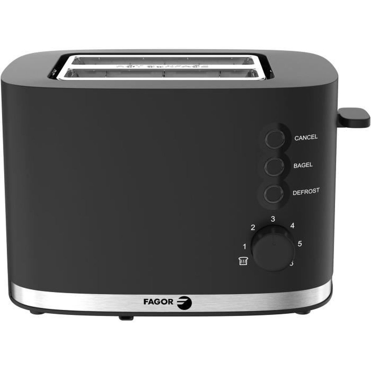 Ein schwarzer Toaster mit Einstellungen für Abbruch, Bagel, Auftauen und einem Bräunungsregler.