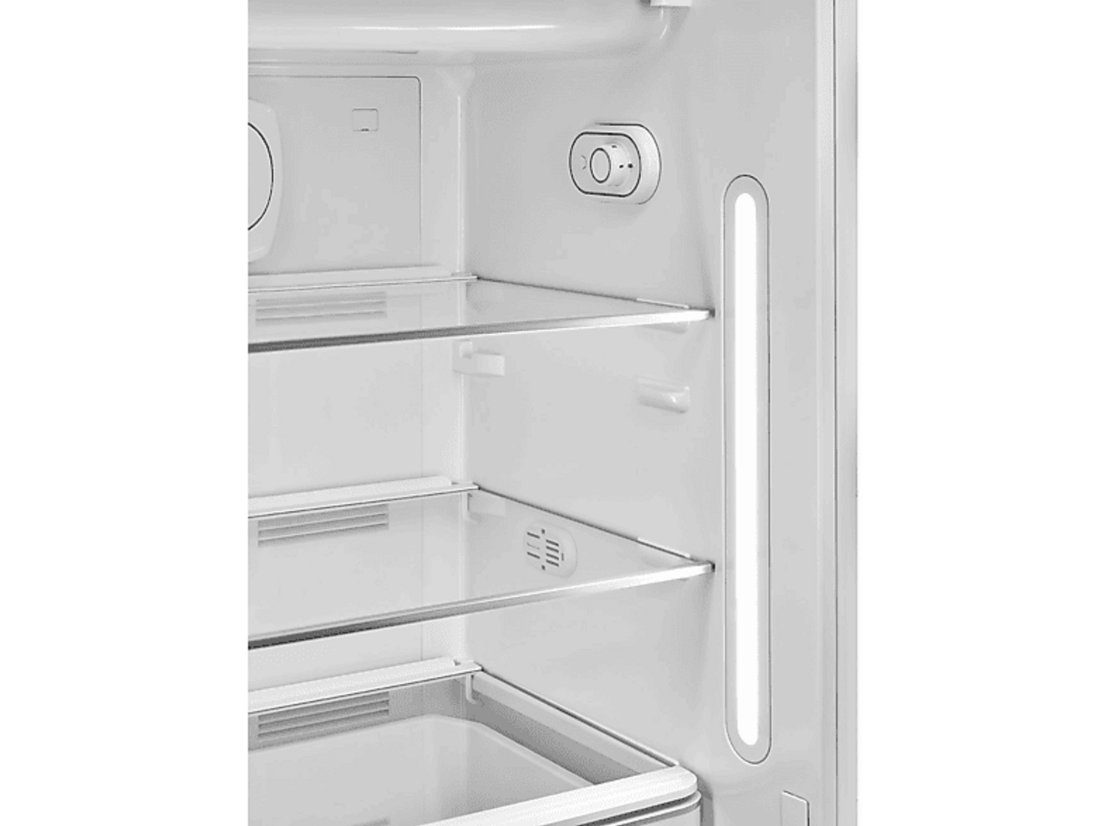 Interior de nevera blanco con estantes de vidrio y una luz.