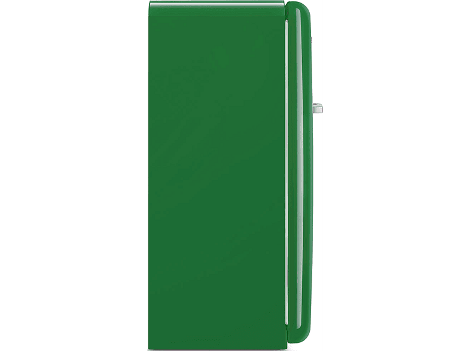 Un refrigerador verde, visto de lado, contra un fondo negro. La puerta tiene una manija.