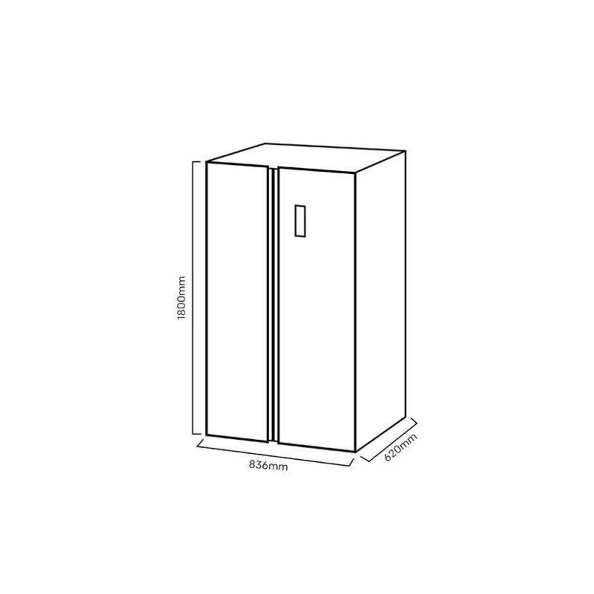 Dibujo lineal de un refrigerador de doble puerta, mostrando dimensiones en mm.