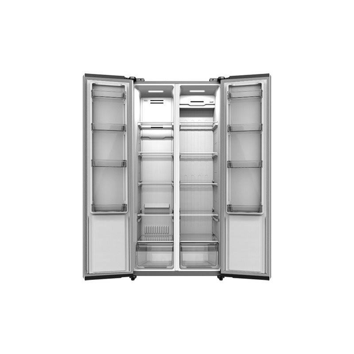 Un refrigerador abierto y vacío con múltiples estantes y cajones, aislado sobre blanco.
