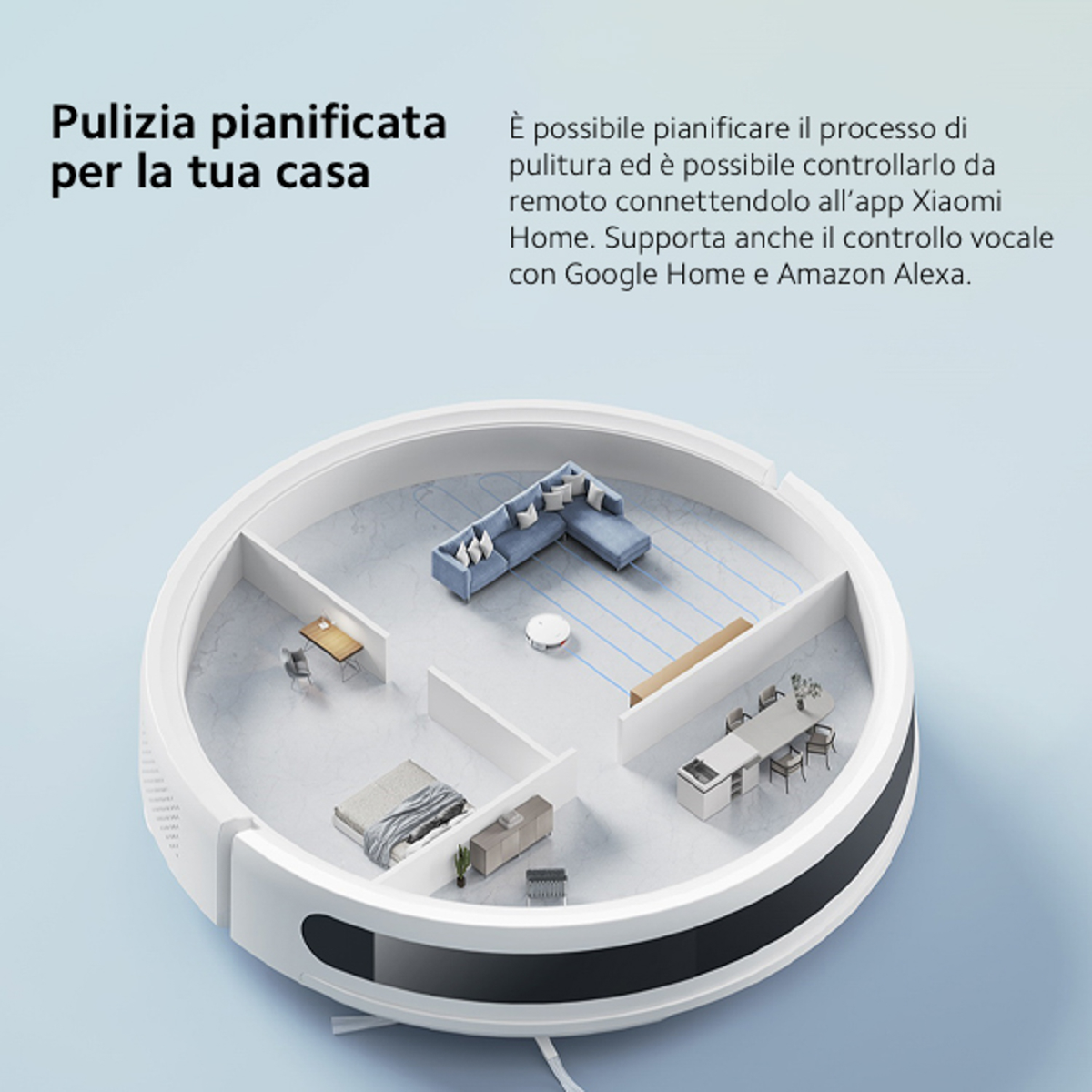 Robot sprzątający czyszczący pokój, ilustracja planu piętra, pokazująca układ mebli.