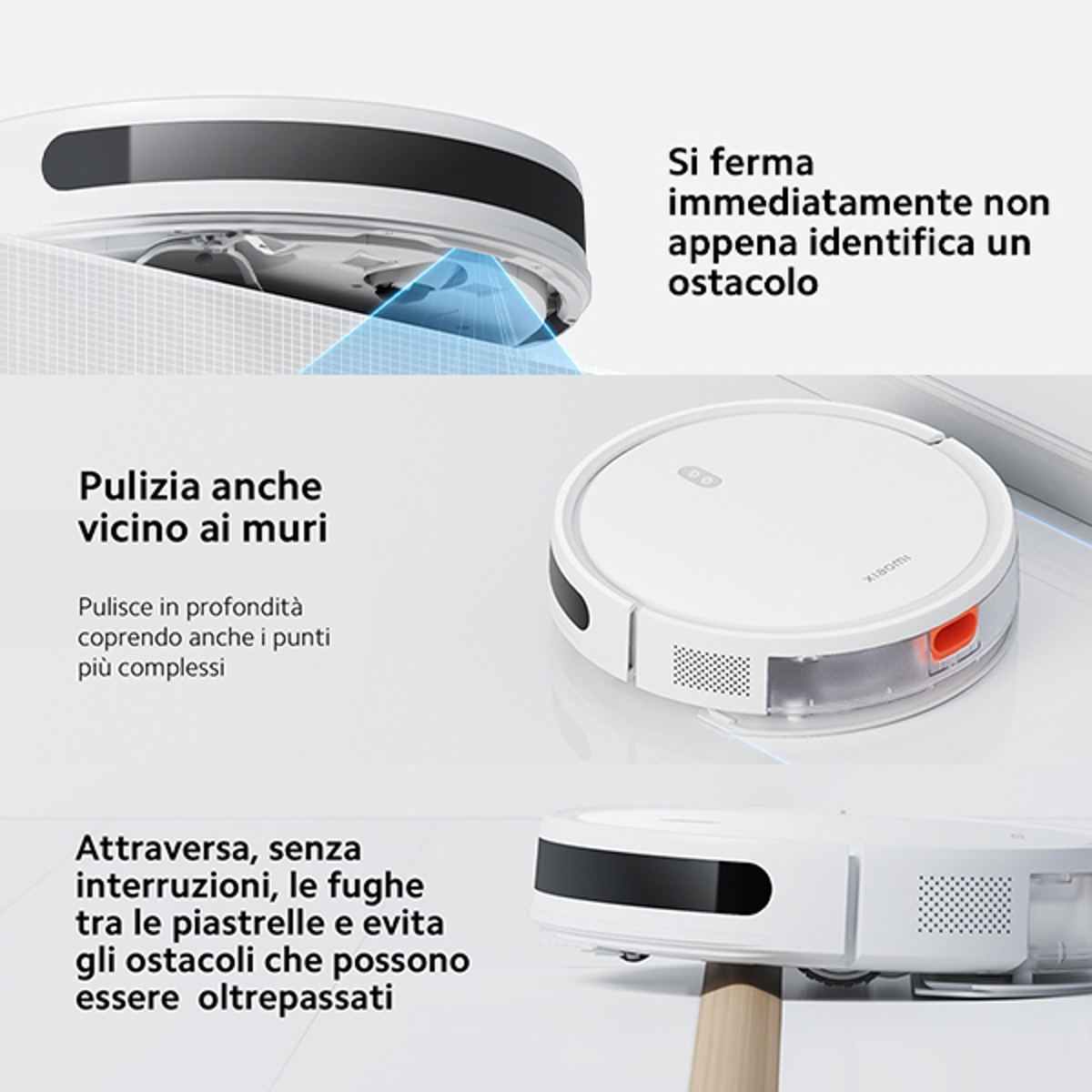 Robot sprzątający czyszczący w pobliżu ścian i omijający przeszkody, z tekstem w języku włoskim opisującym funkcje.