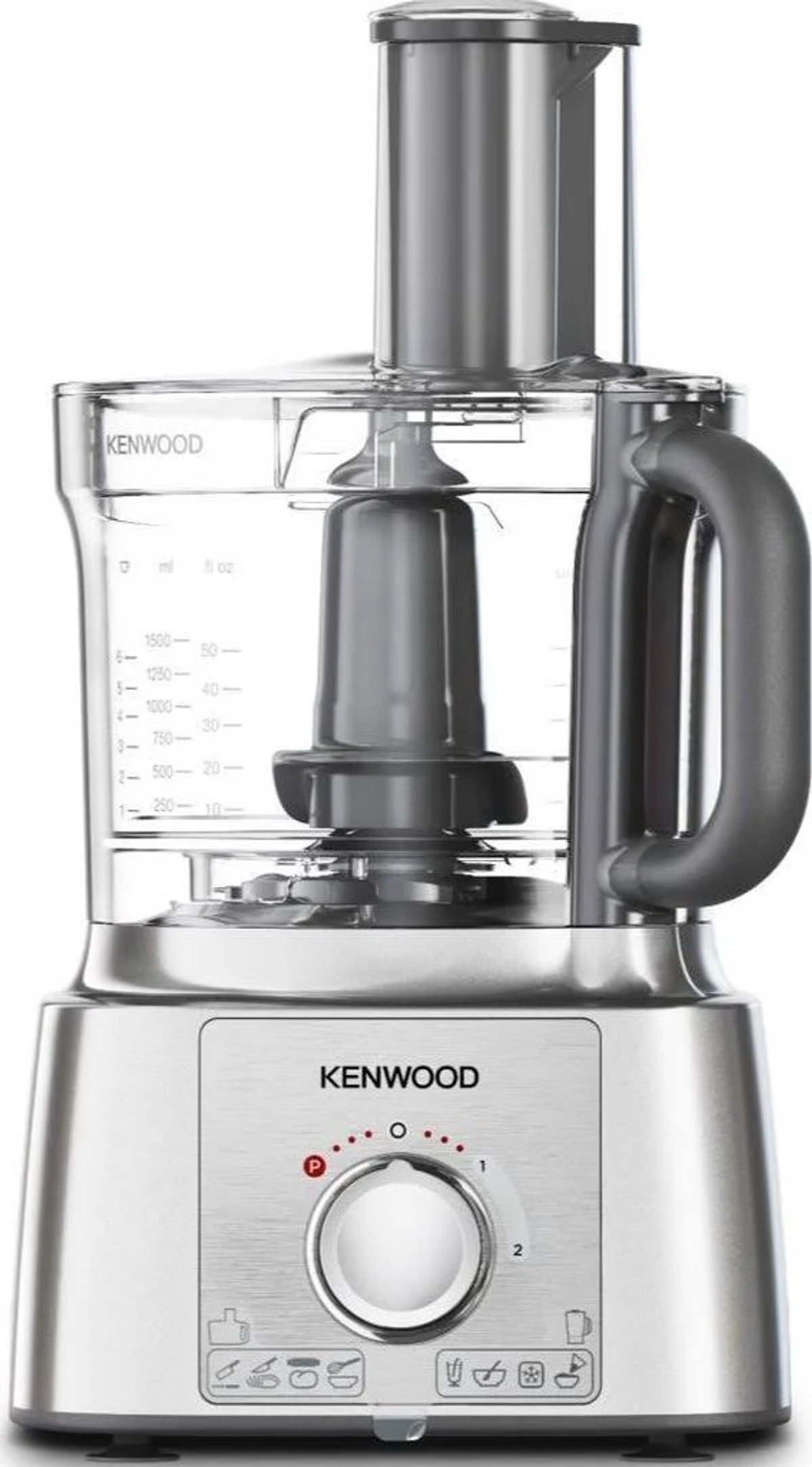 Un robot da cucina Kenwood, con una ciotola trasparente e una base argentata, vista angolata.