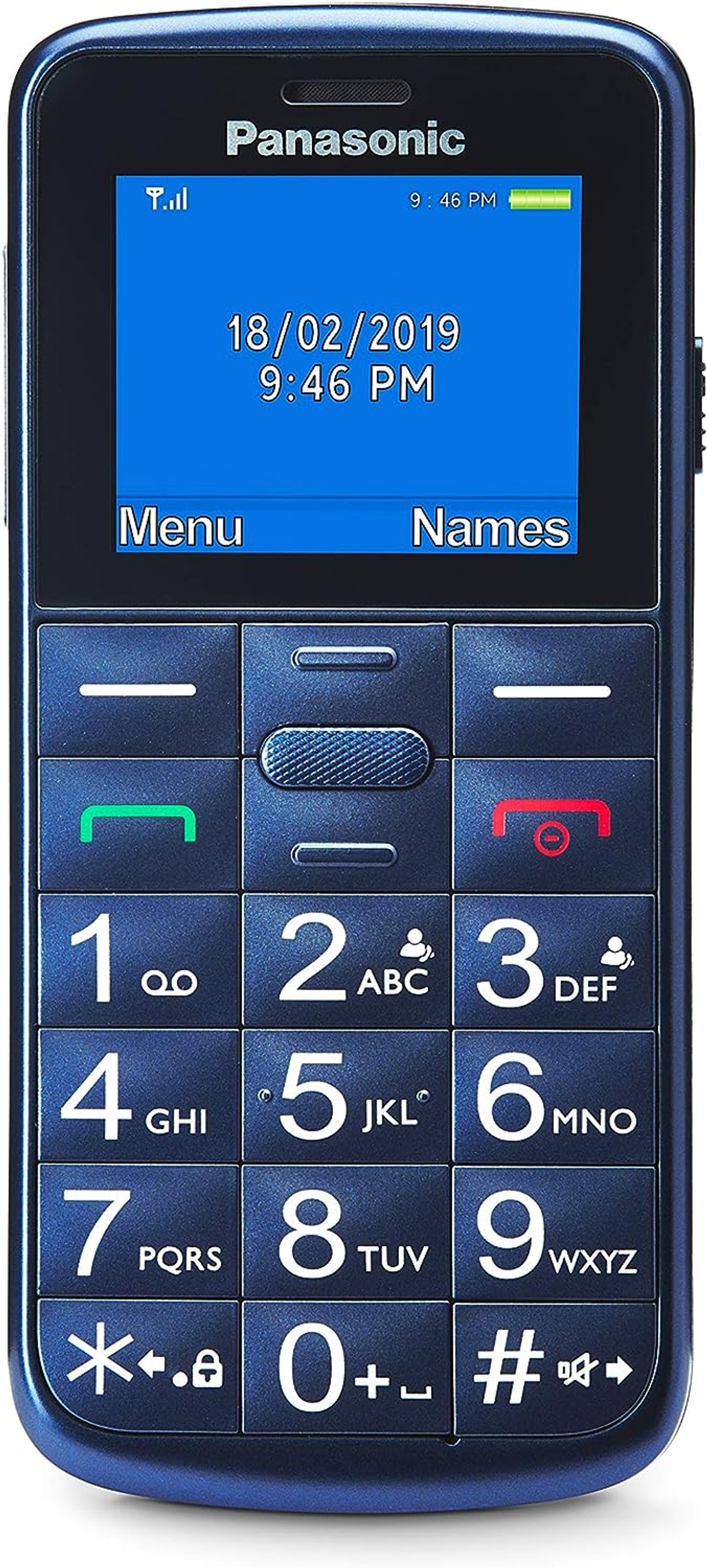 Blaues Panasonic-Telefon mit großen Tasten und einem Bildschirm, der Datum und Uhrzeit anzeigt: 18.02.2019 21:46.