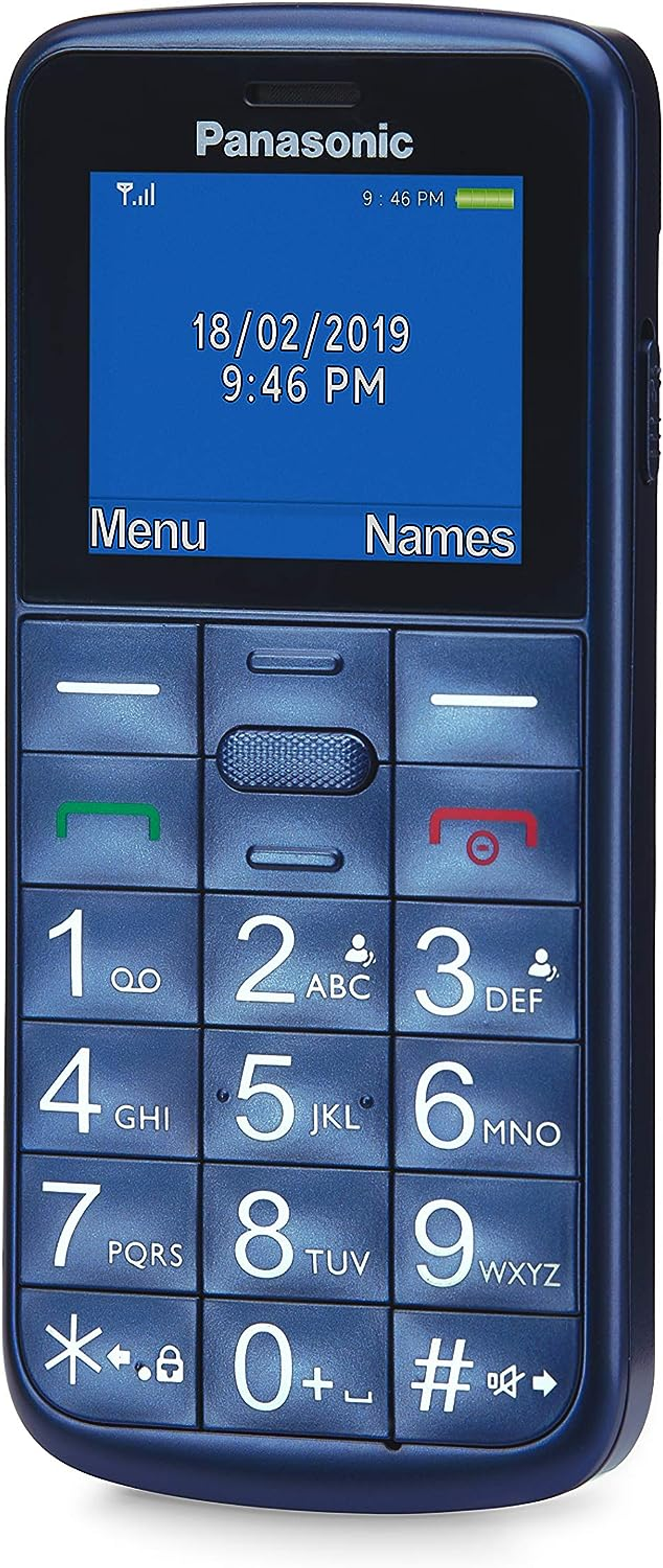Blaues Panasonic-Telefon mit großen Tasten, Bildschirm zeigt Datum/Uhrzeit und Menü/Namen.