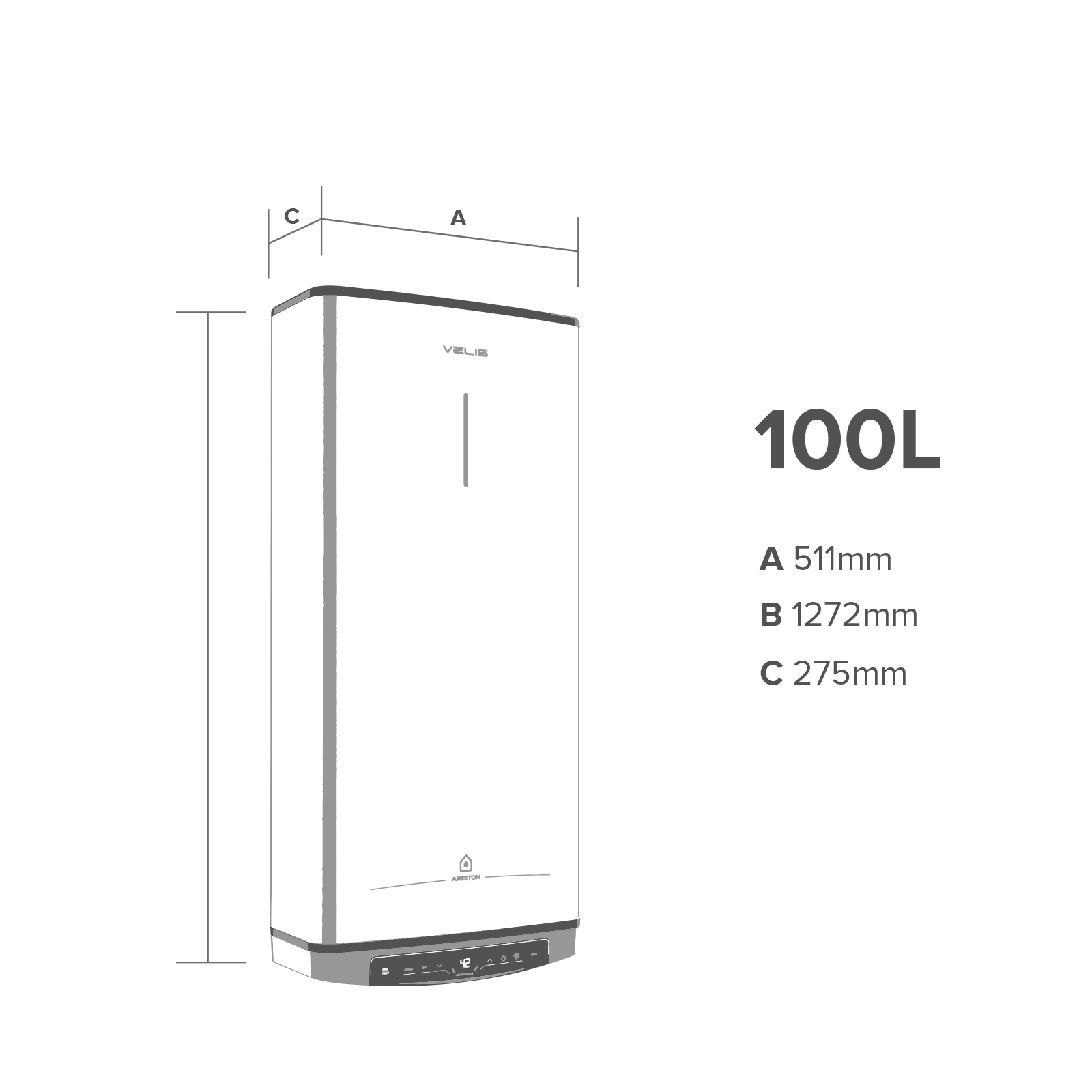 Un esquema de un calentador de agua, con dimensiones etiquetadas. El calentador es blanco y rectangular.