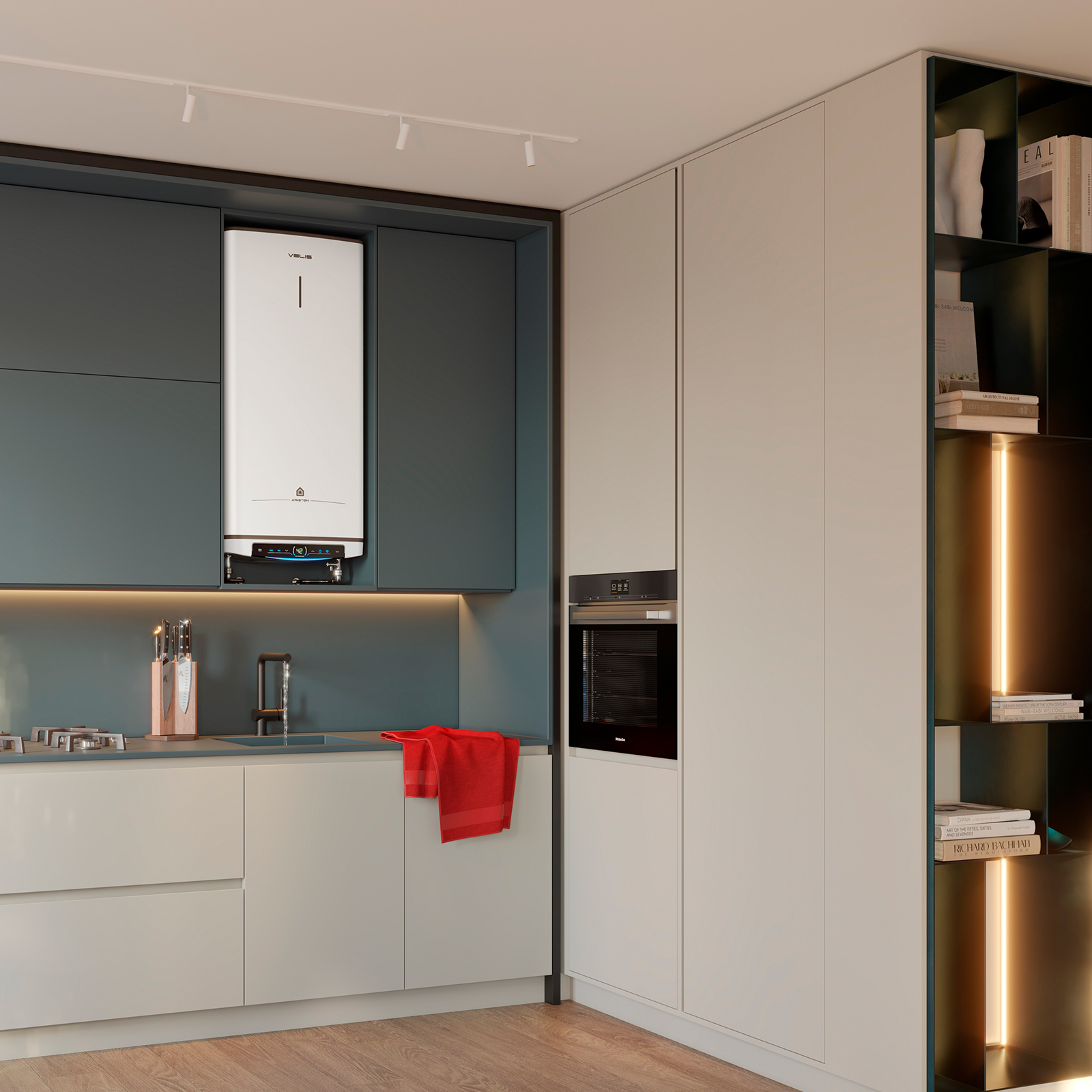 Escena de cocina con un calentador de agua en la pared. Toalla roja, gabinetes blancos, pared azul oscuro. Diseño moderno.