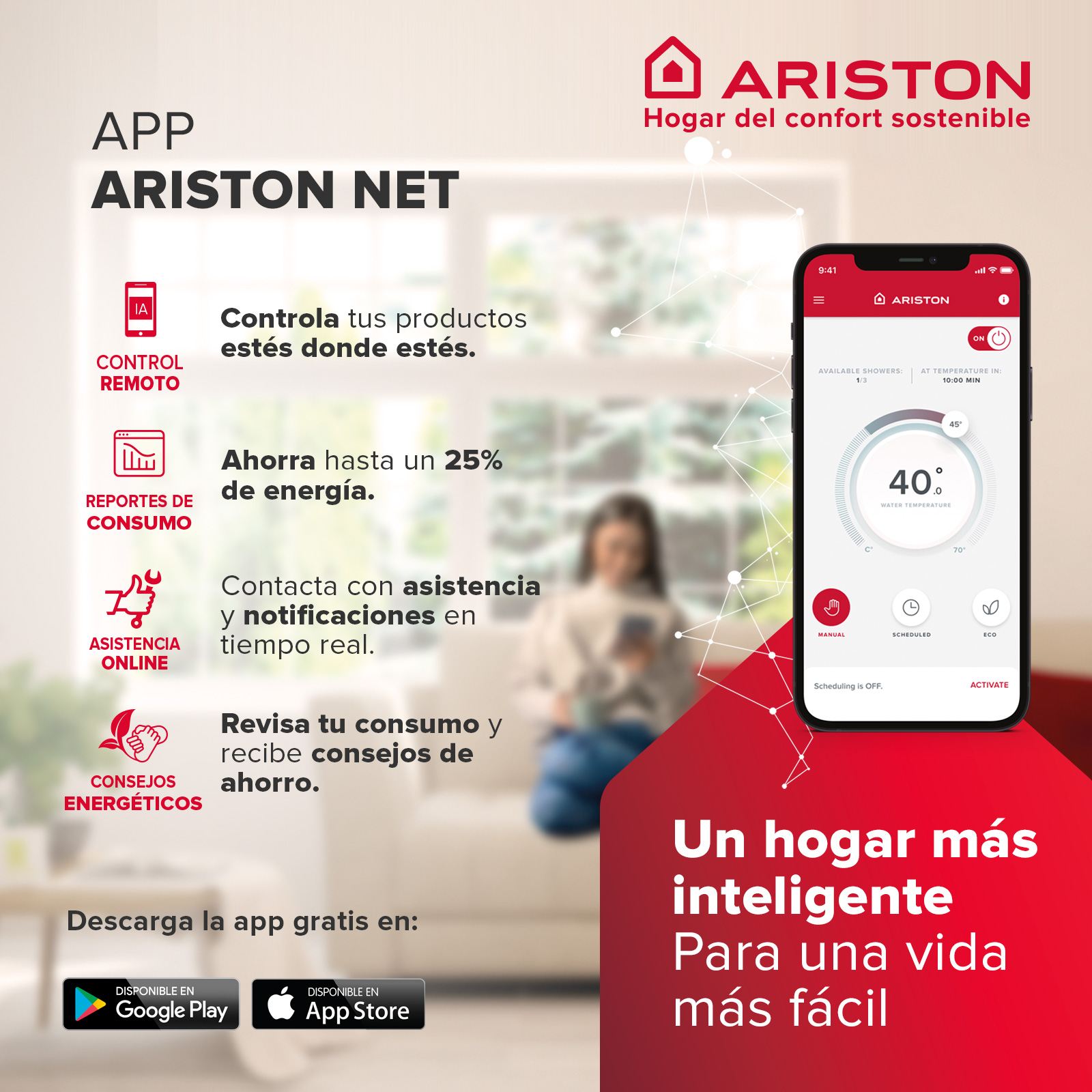 Interfaz de una aplicación en un teléfono. Muestra opciones y funciones. Un logotipo de marca está en la parte superior.