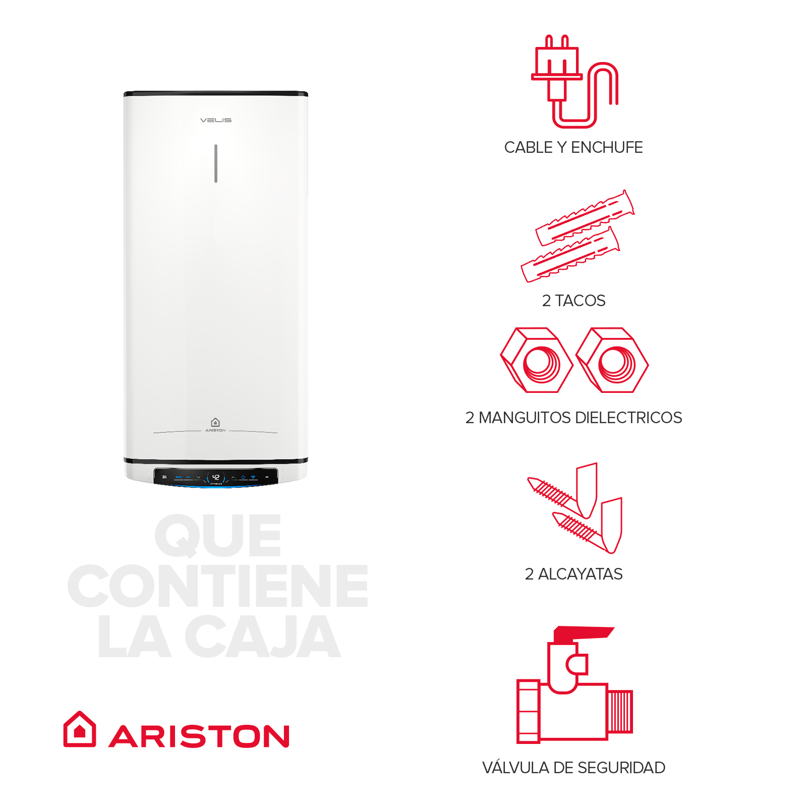 Un calentador de agua blanco Ariston con panel de control y componentes en un fondo blanco.