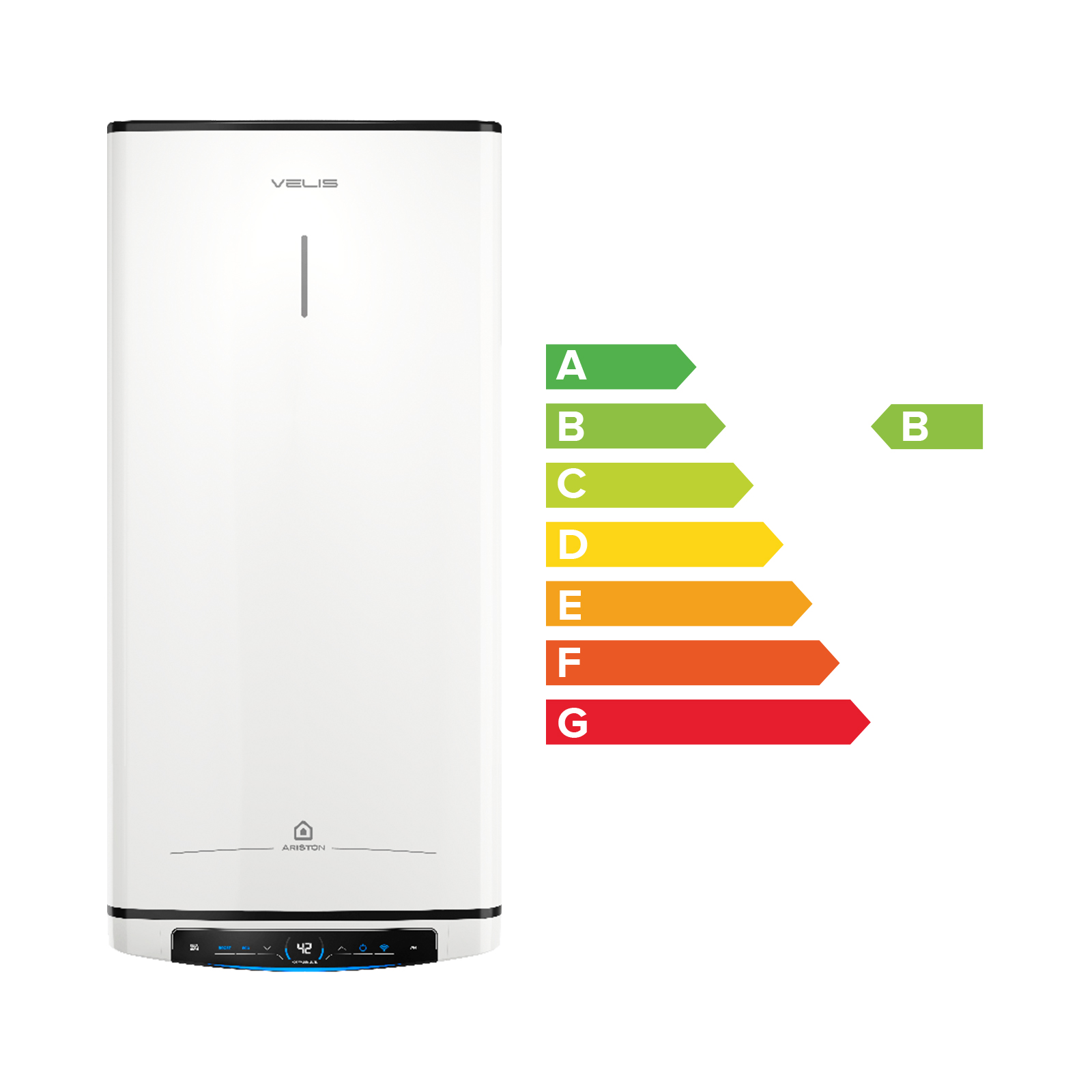 Calentador de agua blanco con etiqueta de eficiencia energética, que muestra una calificación B.