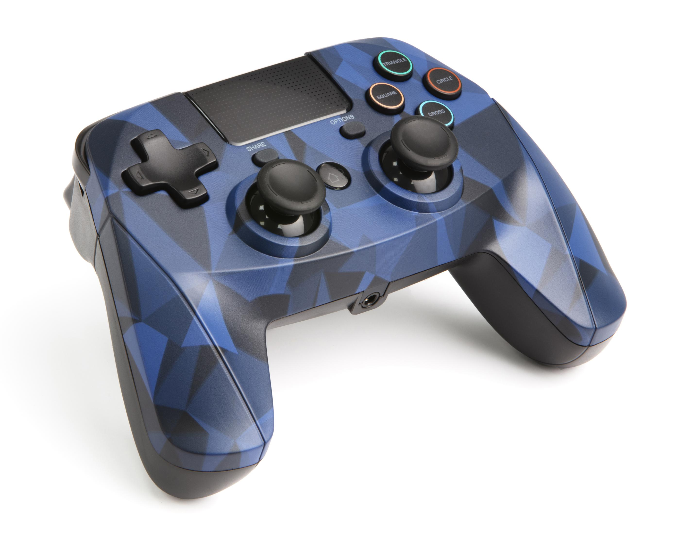 Ein blau-schwarz gemusterter PS4-Controller auf weißem Hintergrund, mit beschrifteten Knöpfen.