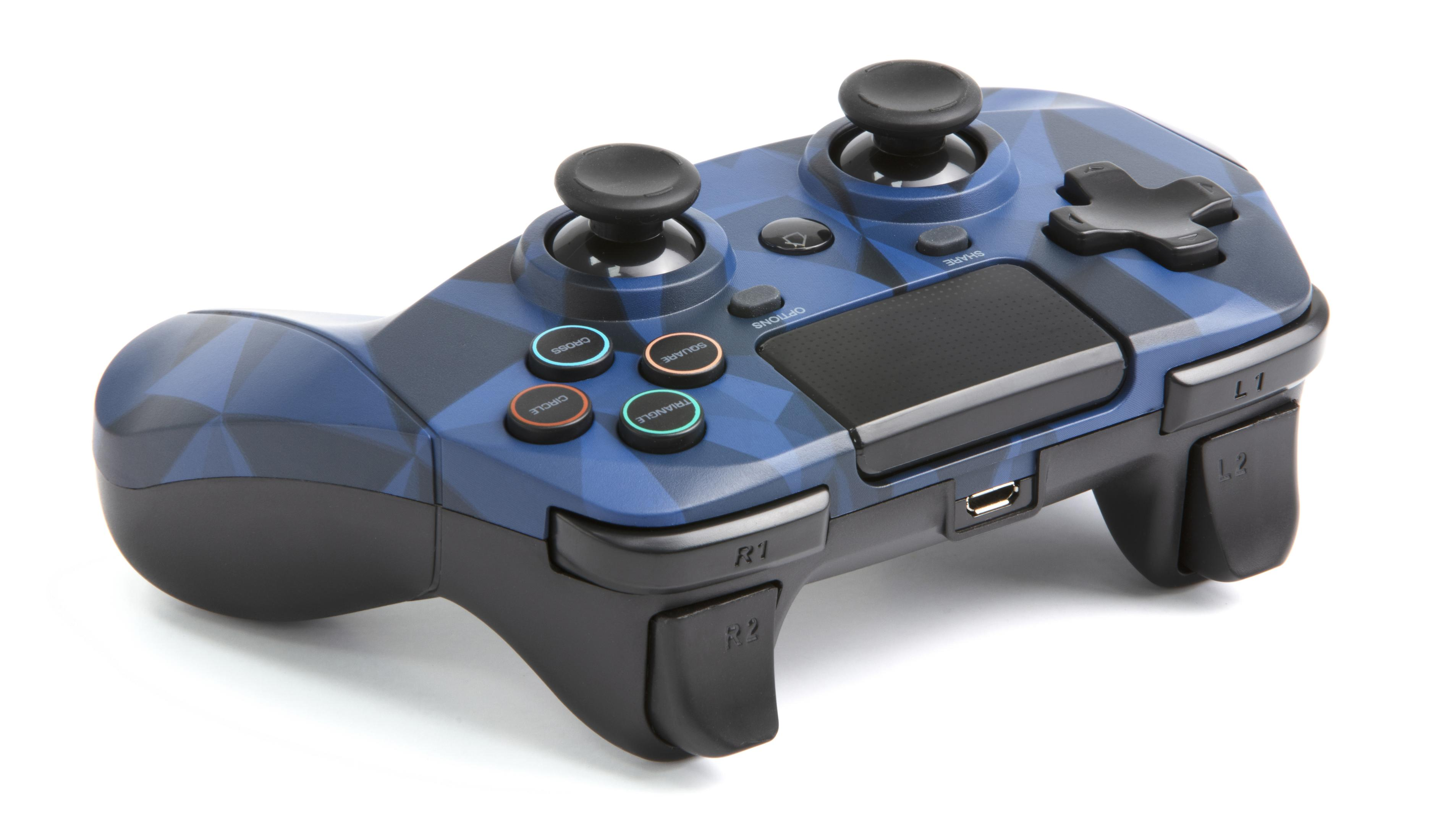 Blau-schwarz gemusterter Gamecontroller mit Knöpfen, Joysticks und einem Touchpad auf weißem Hintergrund.