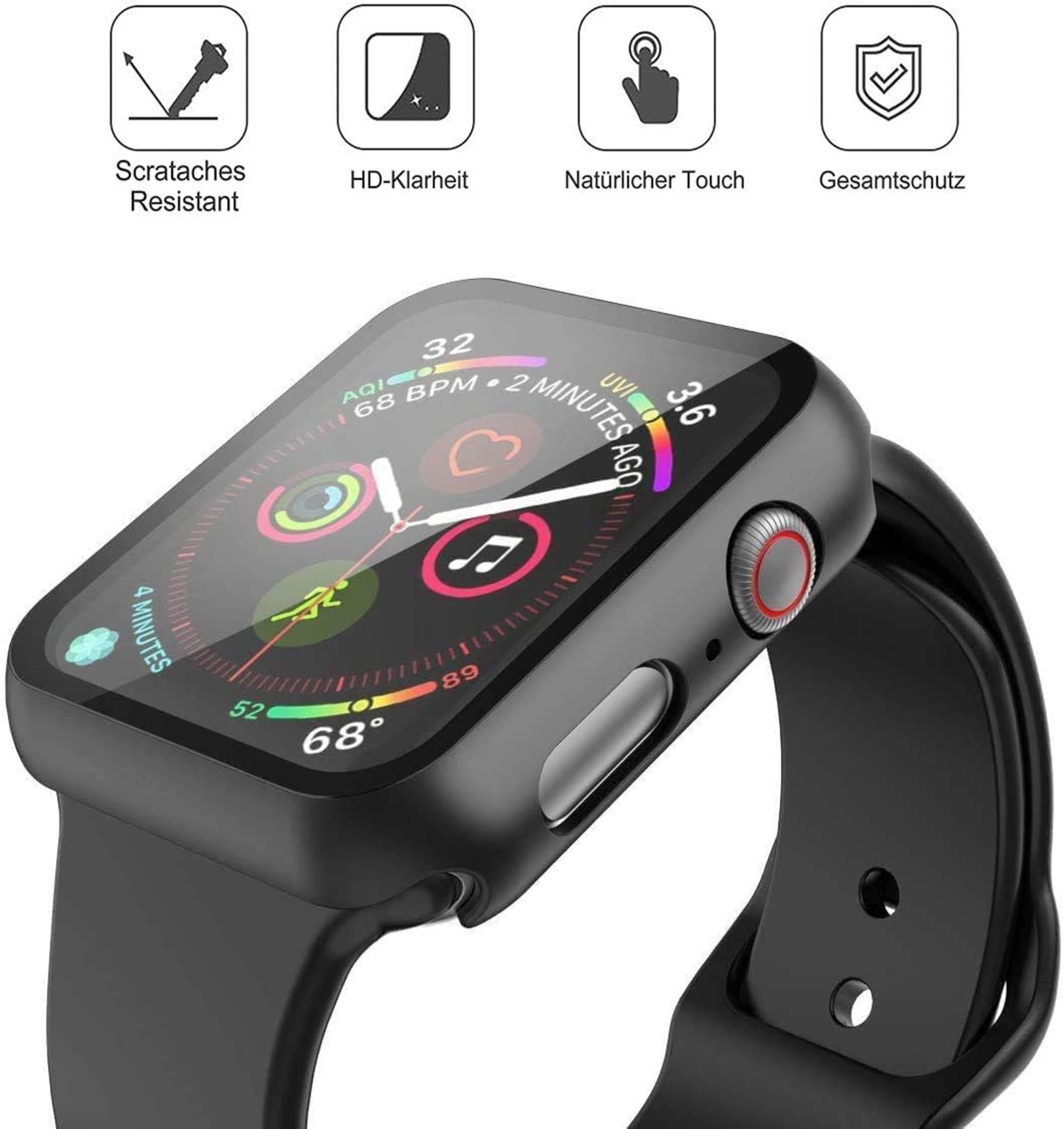 Schwarze Apple Watch mit Schutzhülle und schwarzem Armband.
