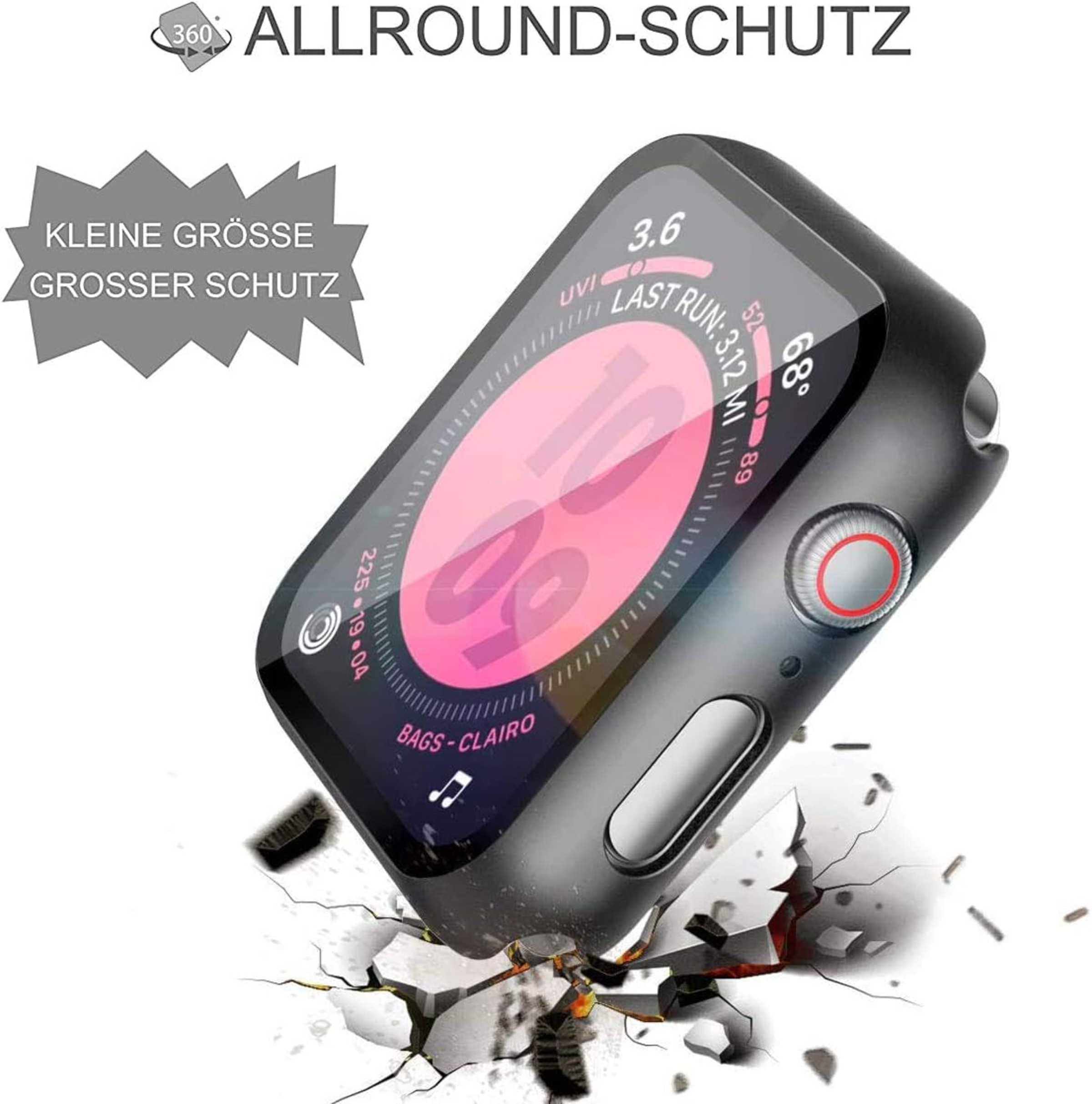 Schwarzes Uhrengehäuse mit gesprungenem Bildschirm, eine Uhr mit rosa Display und der Text 'ALLROUND-SCHUTZ'.