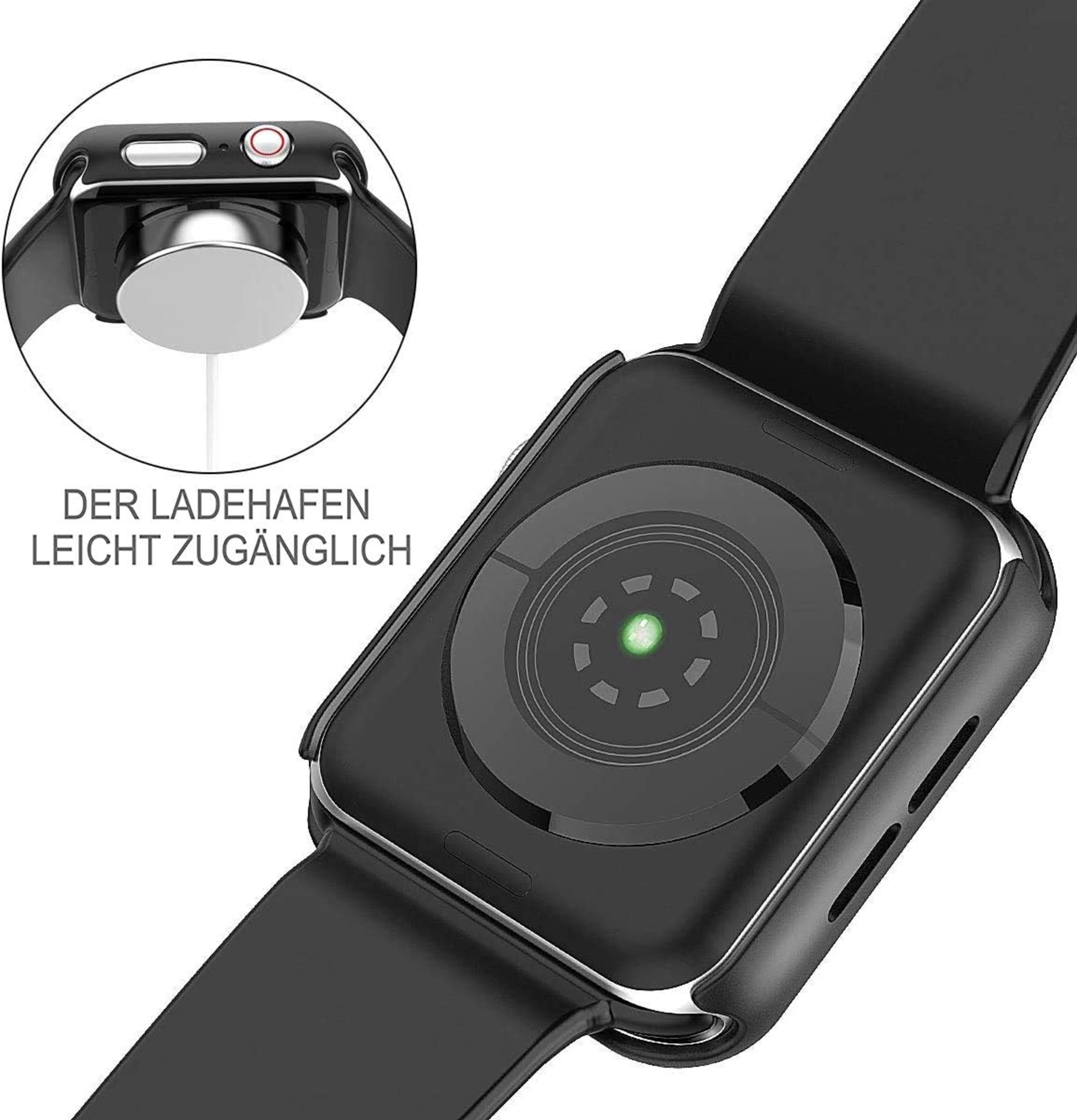 Schwarze Smartwatch mit schwarzem Armband, Ladedetail und Text 'Der Ladehafen leicht zugänglich'.