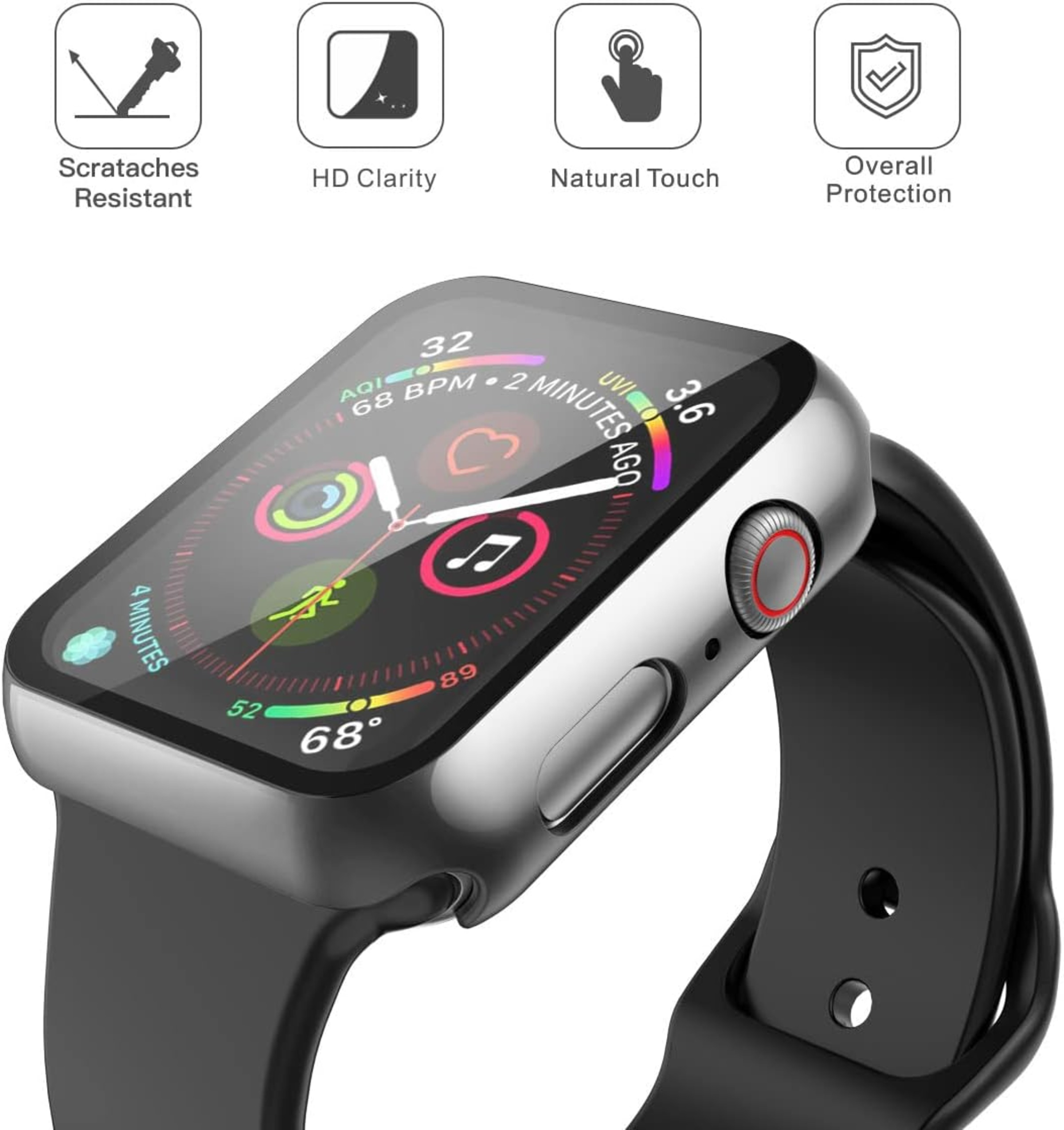 Apple Watch mit schwarzem Armband. Der Bildschirm zeigt Zeit, Herzfrequenz und andere Metriken an.