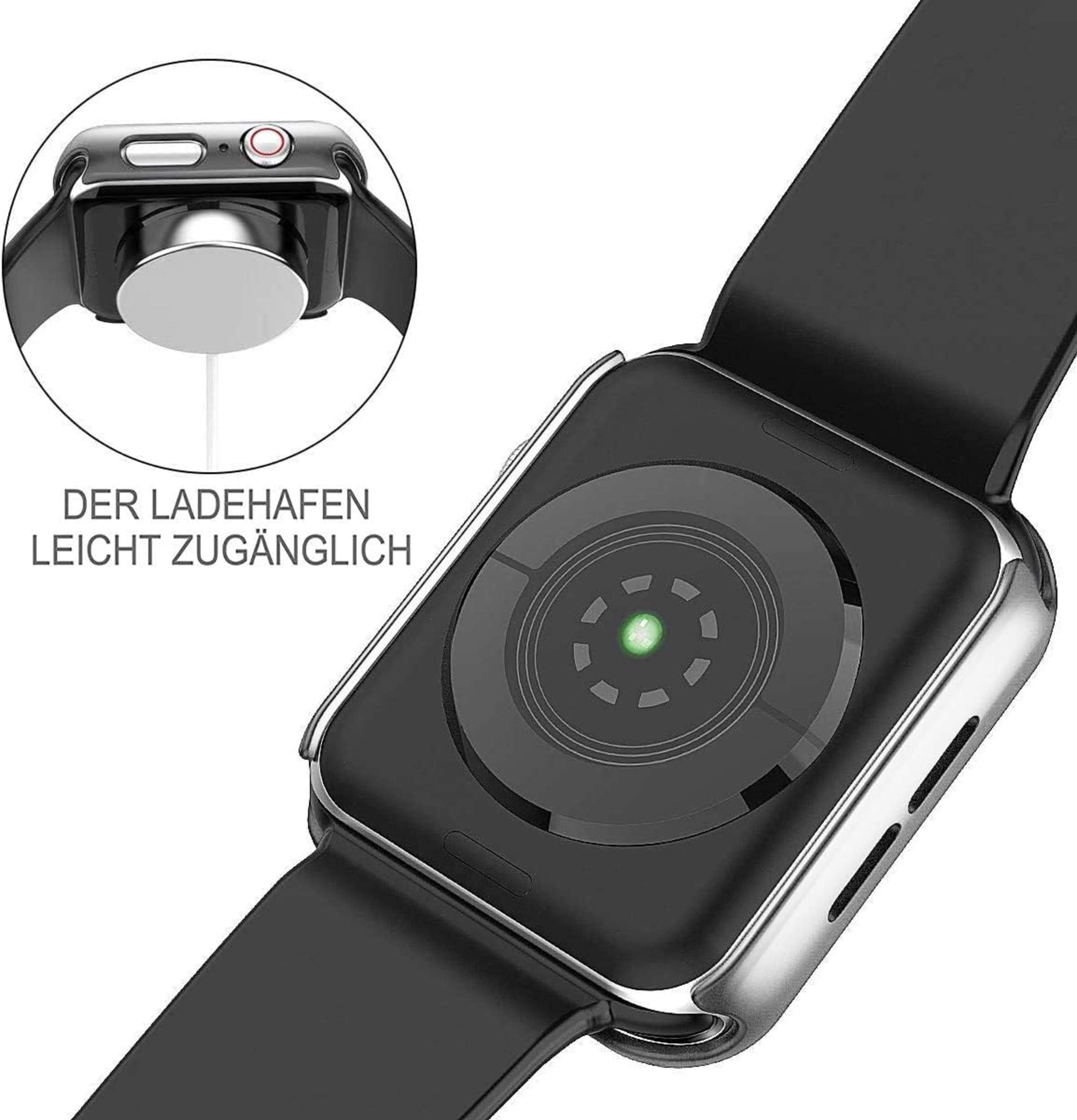 Nahaufnahme einer schwarzen Smartwatch mit schwarzem Armband, Ladeanschlussdetail gezeigt.