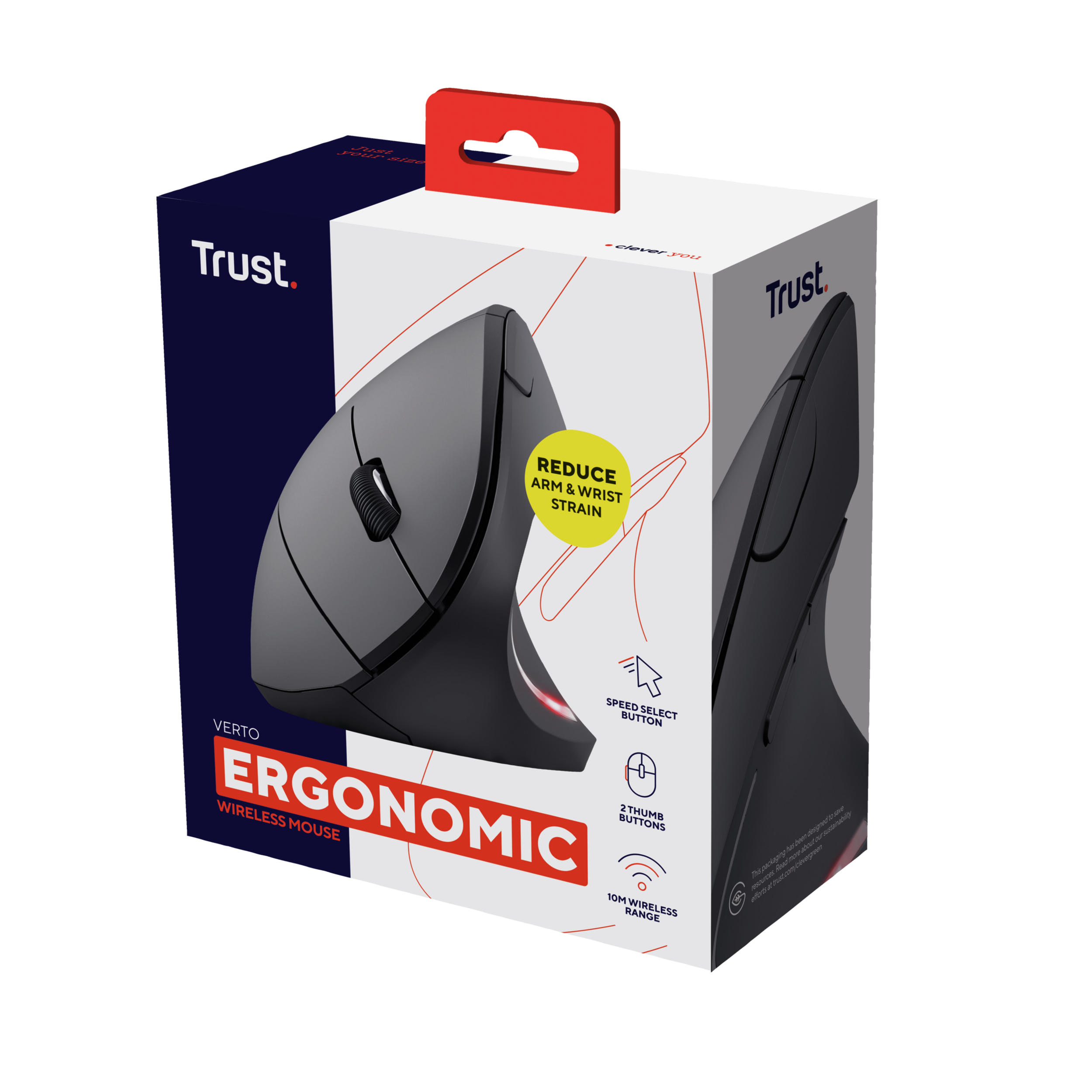 Ergonomiczna mysz bezprzewodowa w pudełku. Pudełko zawiera tekst i grafikę.