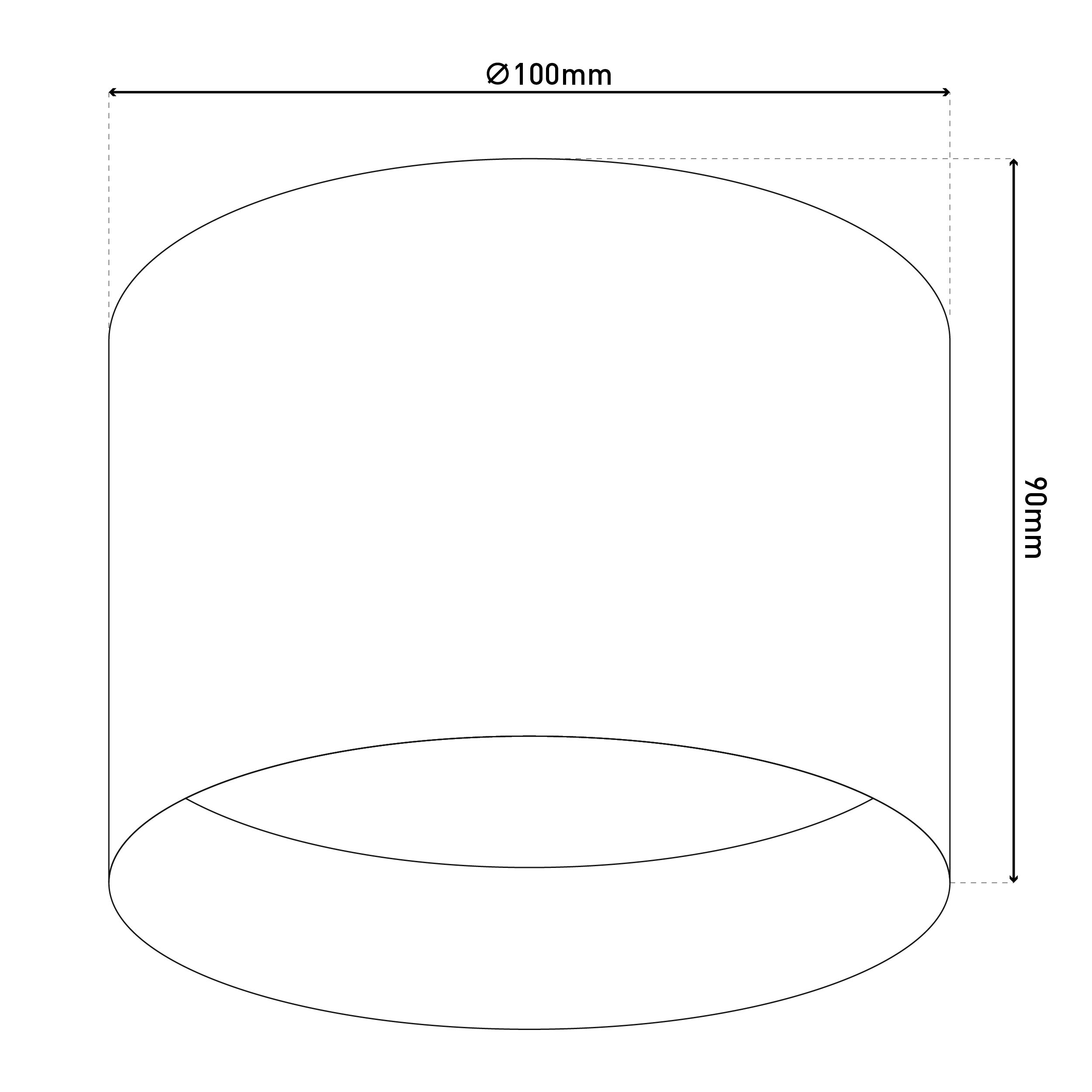 Ein weißer Zylinder mit einem Durchmesser von 100 mm und einer Höhe von 90 mm, dargestellt mit Maßlinien.
